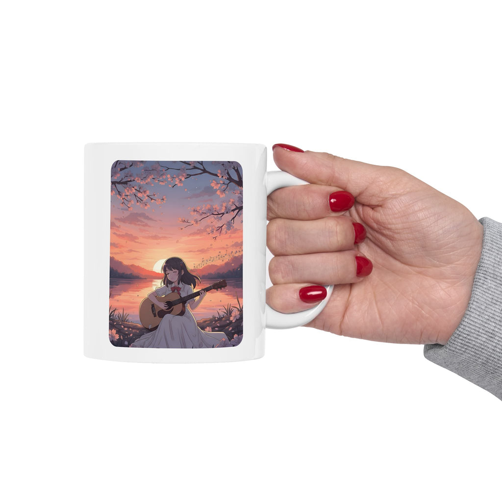 Little Melody Anime Sunset Reflections White Ceramic Mug — Scenic Cherry Blossom Mountain Lake Guitar Cup (11oz, 15oz)