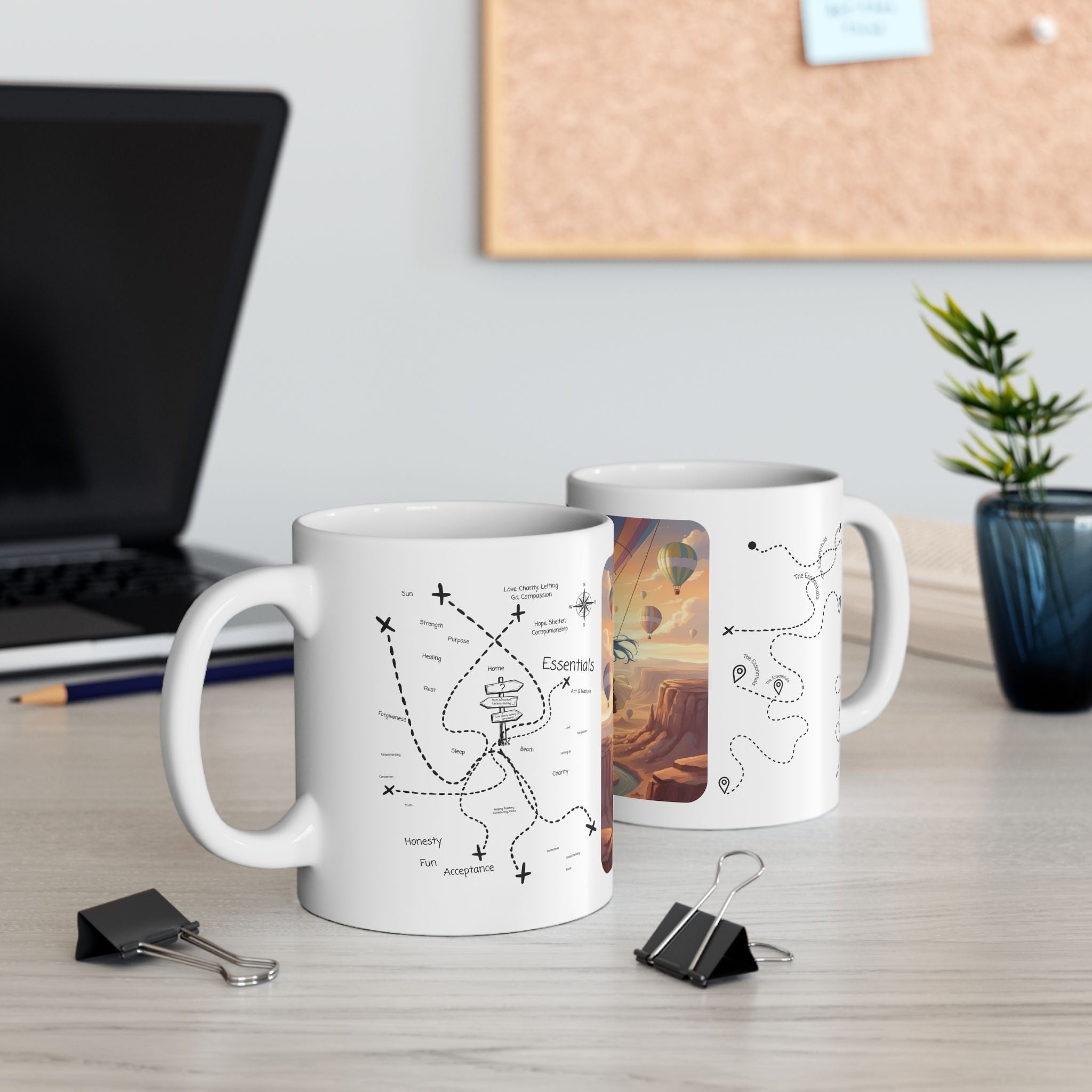 Joyful Friendship Landscape, Colorful Balloon Adventure White Ceramic Mug — True Wealth, Adventure, & Creativity Cup (11oz/15oz)