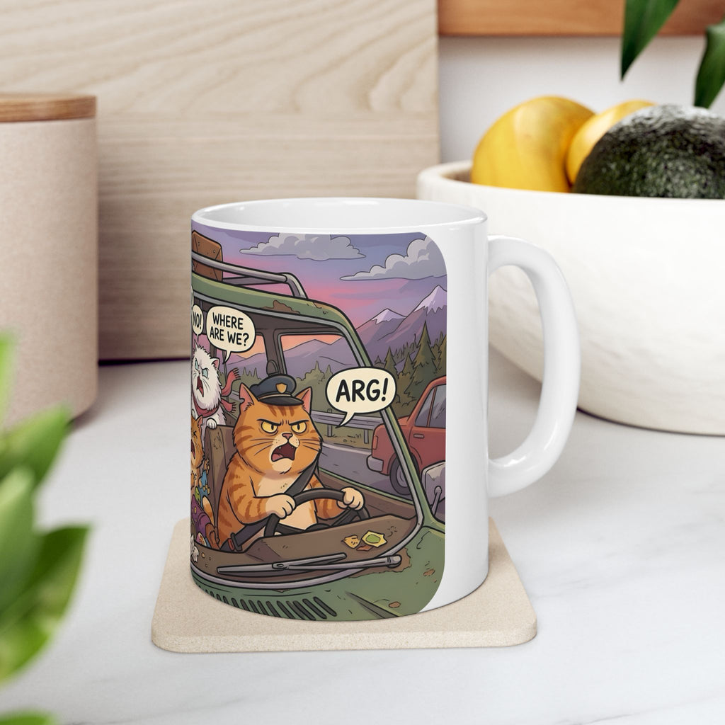 Squabbling Cats On A Road Trip White Ceramic Mug (11oz/15oz), Funny Cat'n Get Along Cup