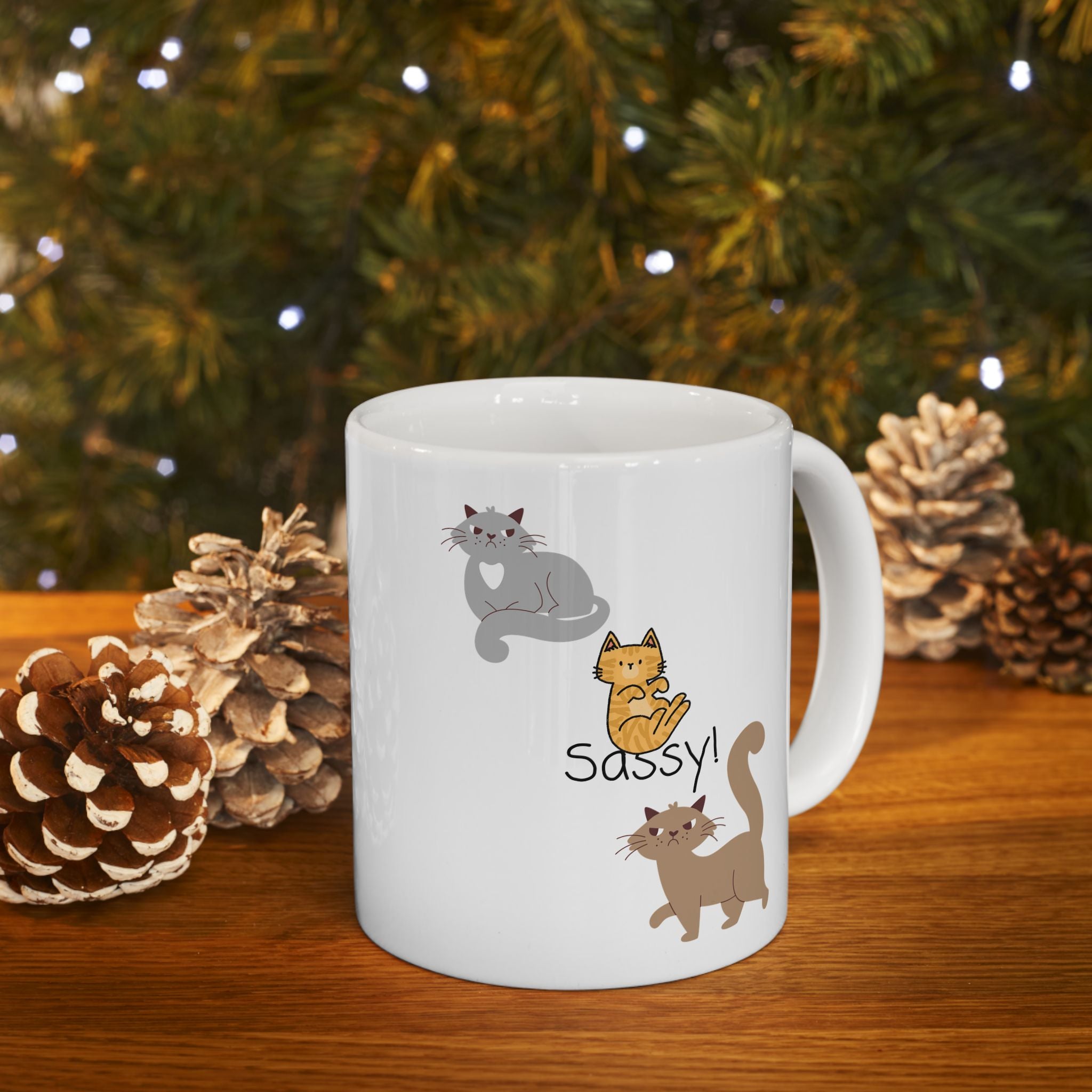 Sassy Cats White Ceramic Mug — Cute Felines Tea Cup (11oz, 15oz)
