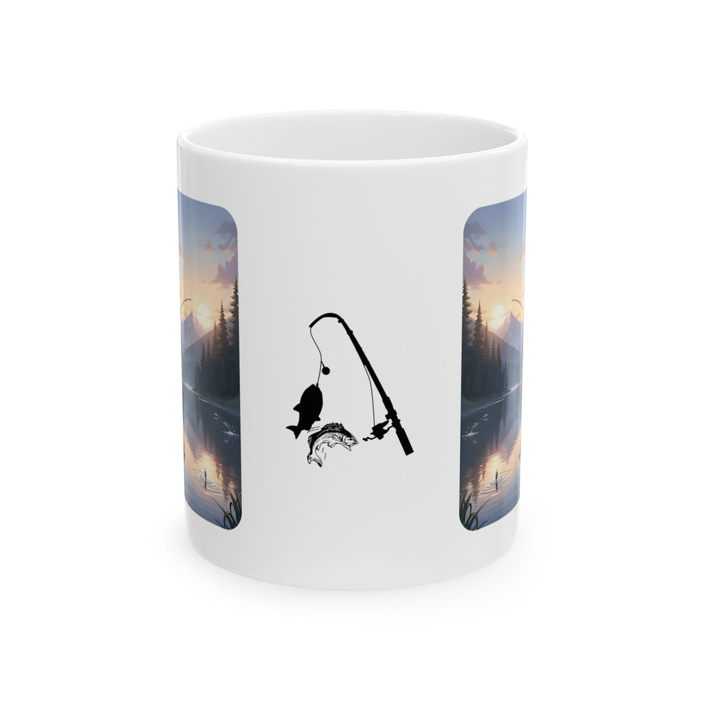 Cozy Anime Girl Tailgate Fishing Adventure White Ceramic Mug — Vintage Truck, Lake Sunrise Tea Cup (11oz/15oz)