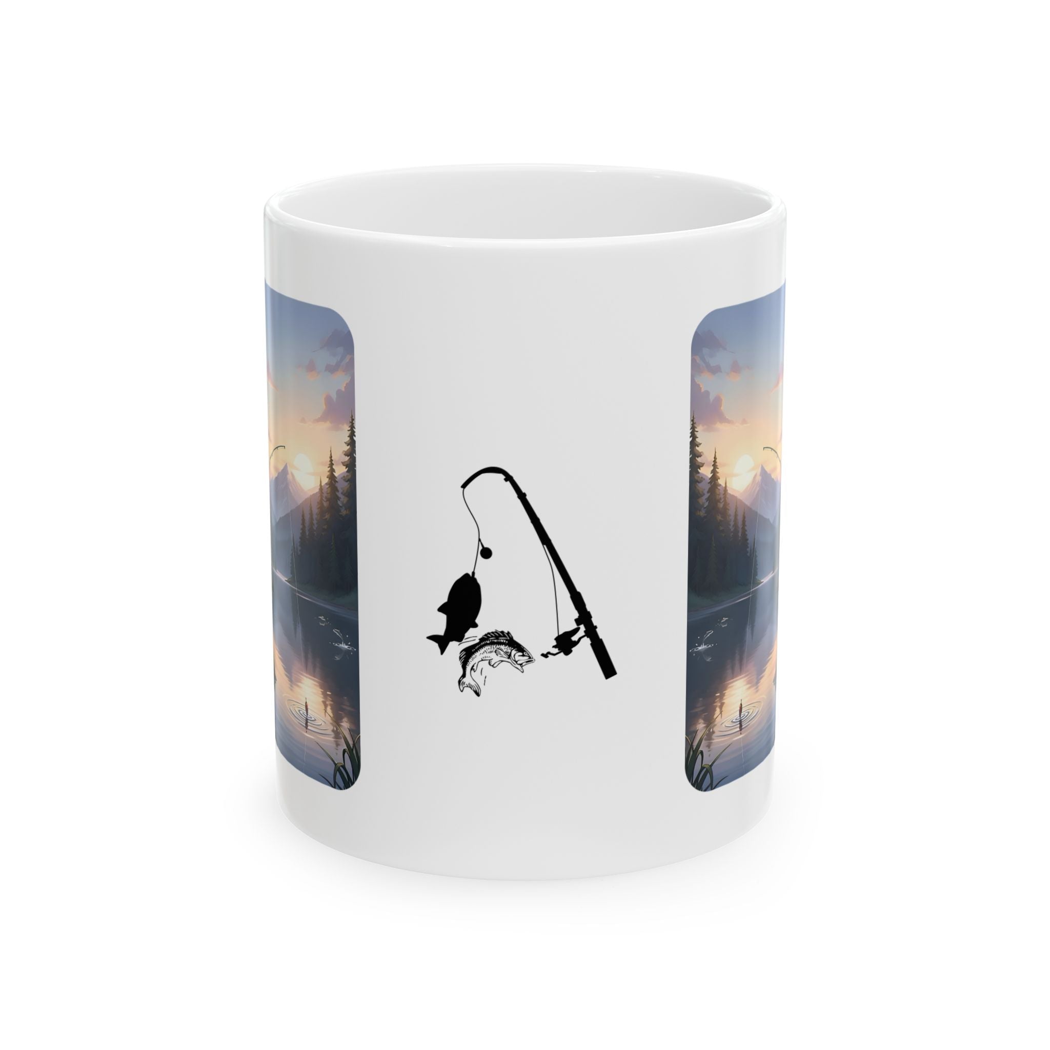 Cozy Anime Girl Tailgate Fishing Adventure White Ceramic Mug — Vintage Truck, Lake Sunrise Tea Cup (11oz/15oz)