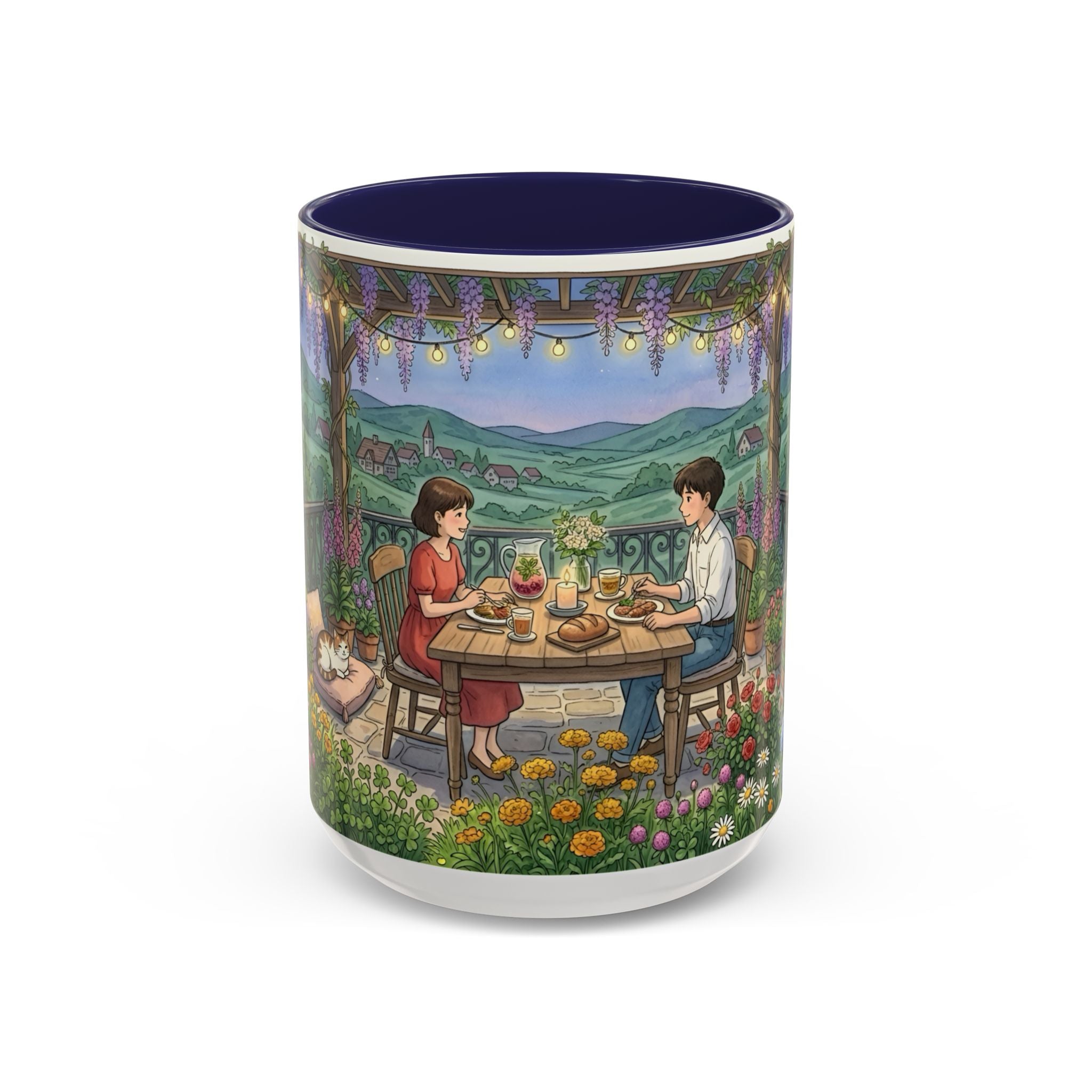 Cozy Romantic Garden Dinner Ceramic Mug — Couples Outdoor Bistro Cup (11 oz, 15 oz)