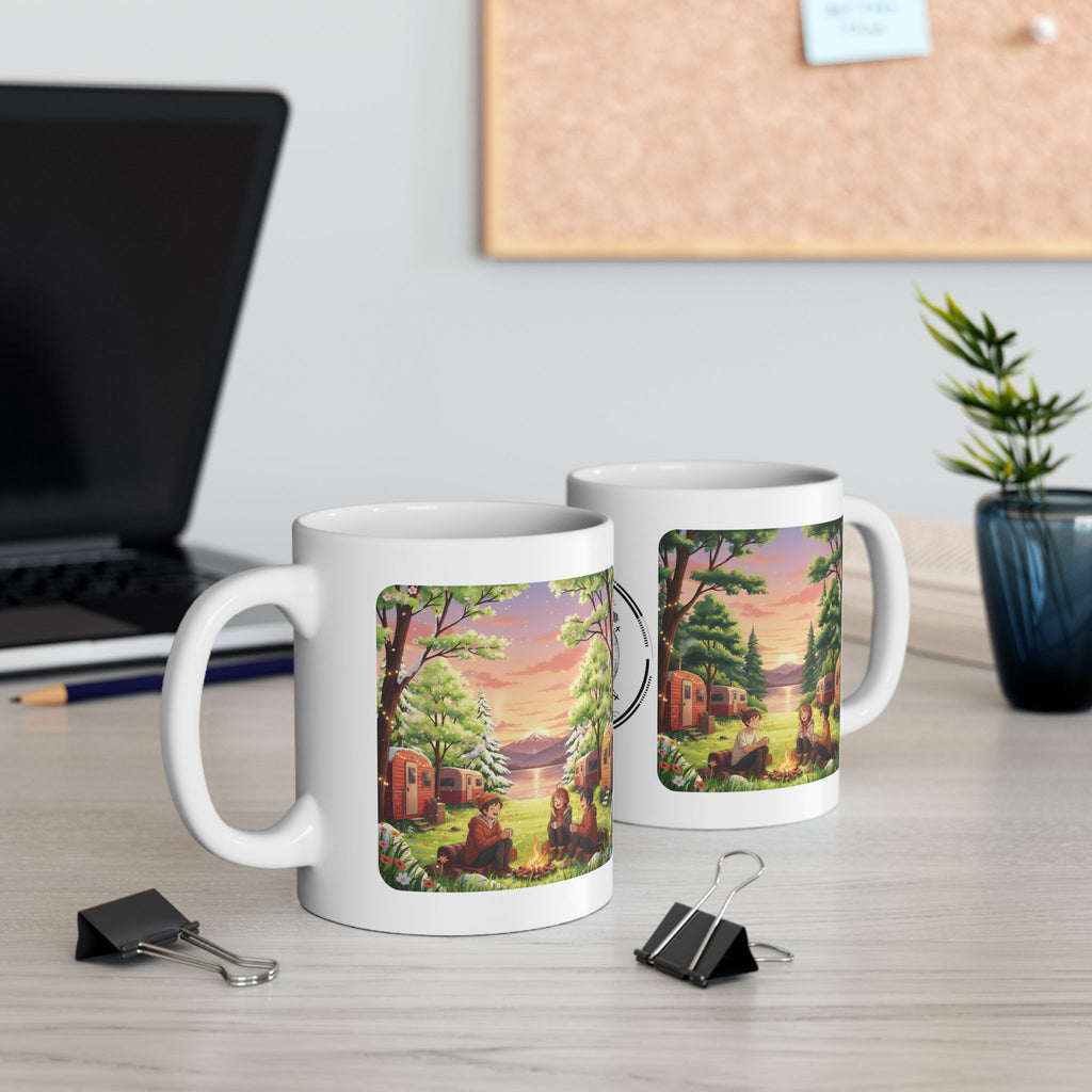 Cozy Hearth & Home White Ceramic Mug — Sunset Mountain View Vintage Camper Cup (11oz/15oz)