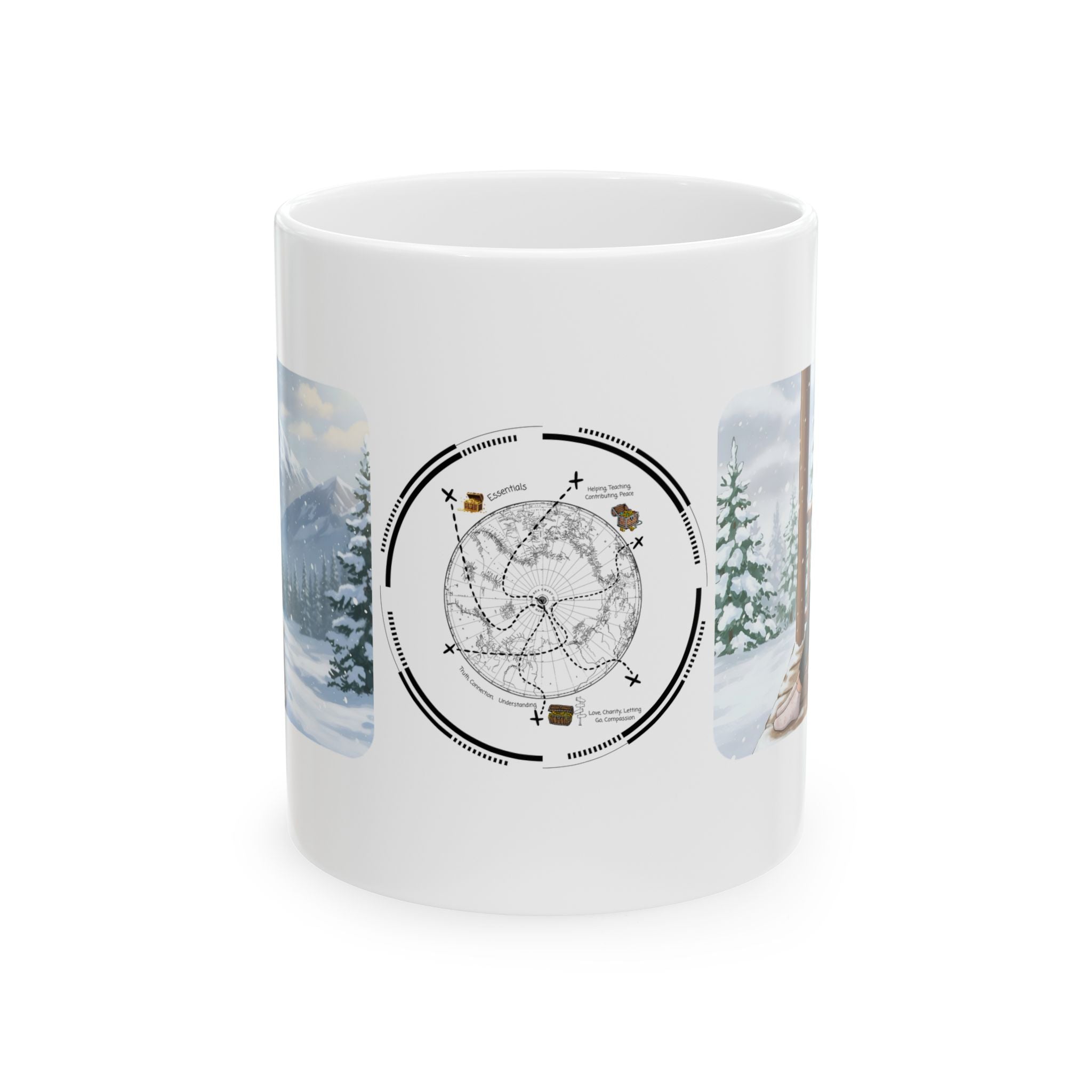Cozy Cottagecore Hygge Winter Cabin Getaway White Ceramic Mug — Peaceful Snowy Mountain Winter Wonderland Cup (11oz, 15oz)