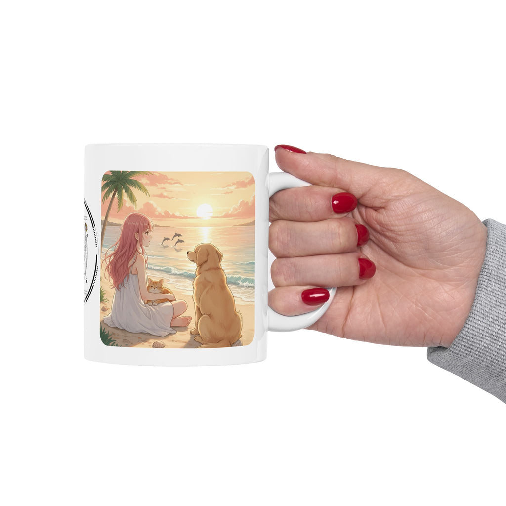 Golden Retriever Dog Tropical Sunset & Sunflower White Ceramic Mug — Orange Cat Boho Beach Vibes Tea Cup (11oz, 15oz)