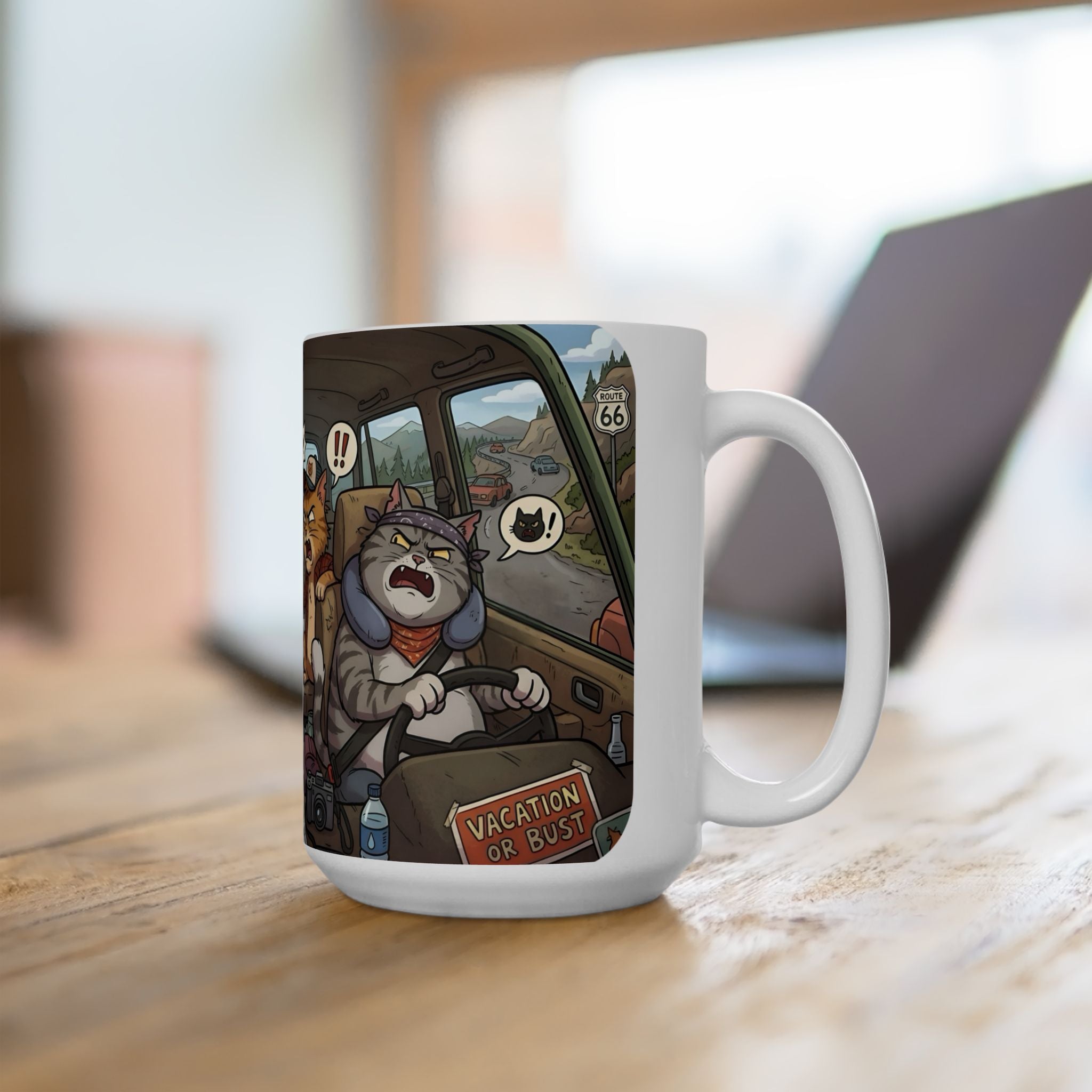 Angry Cats On A Road Trip White Ceramic Mug — Funny Kitty Crew Travel Cup (11oz, 15oz)