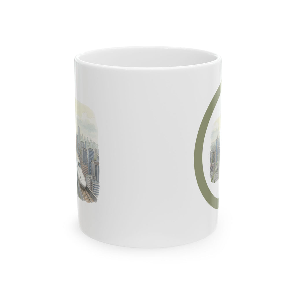 Bullet Train Cityscape Tea Cup – Vintage Skyline White Ceramic Mug (11oz & 15oz)