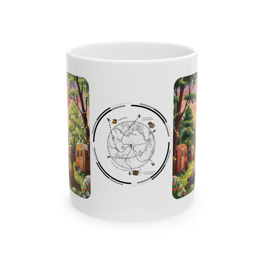 Cozy Hearth & Home White Ceramic Mug — Sunset Mountain View Vintage Camper Cup (11oz/15oz)