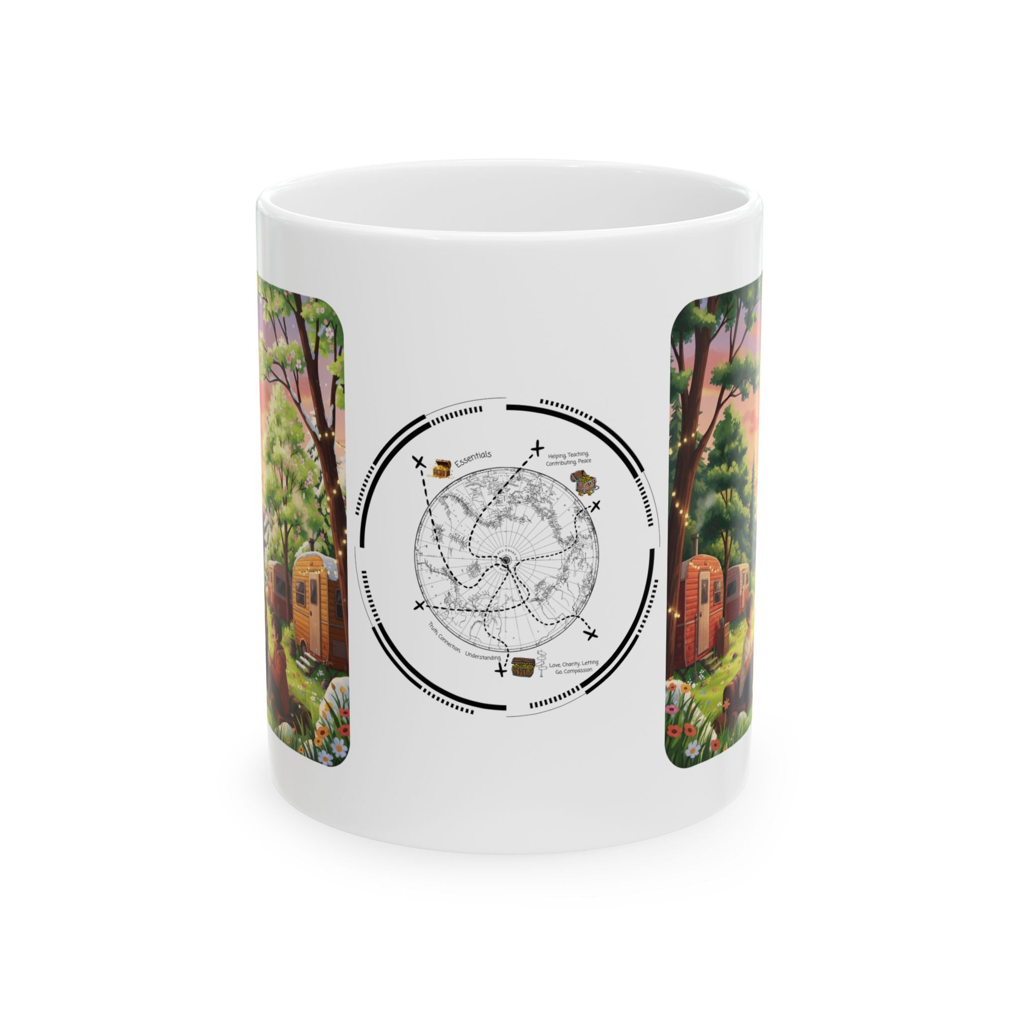 Cozy Hearth & Home White Ceramic Mug — Sunset Mountain View Vintage Camper Cup (11oz/15oz)