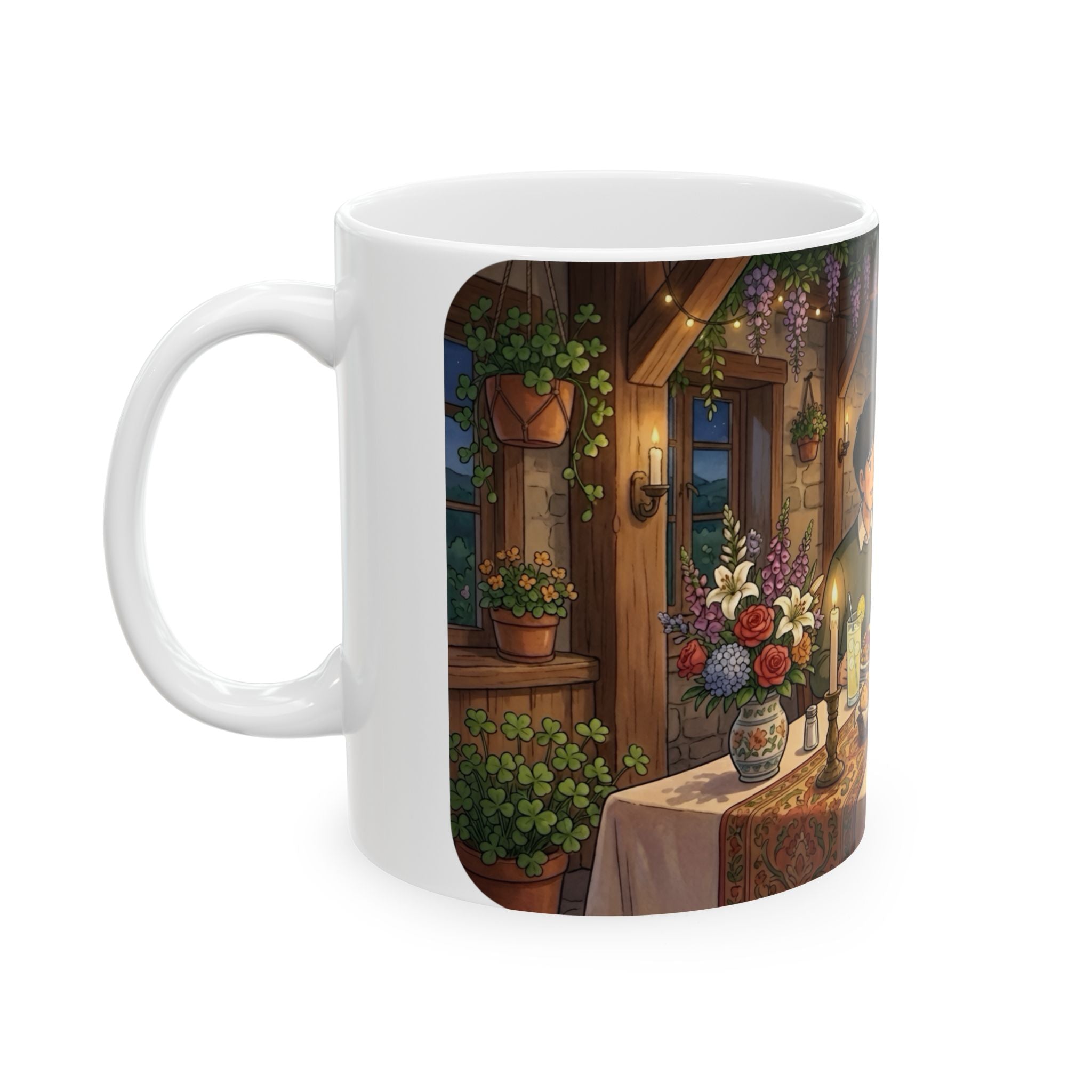 Cozy Candlelit Dinner White Ceramic Mug — Romantic Couple Cottage Cup (11oz & 15oz)