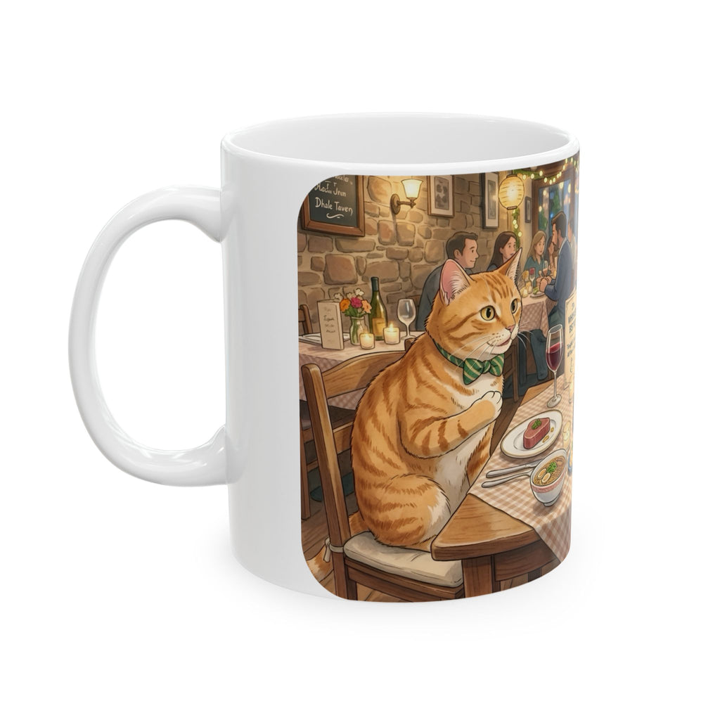 Cat Ghibli Whisker Bistro White Ceramic Mug — Cozy Feline Tapas Cafe Cup (11oz/15oz)