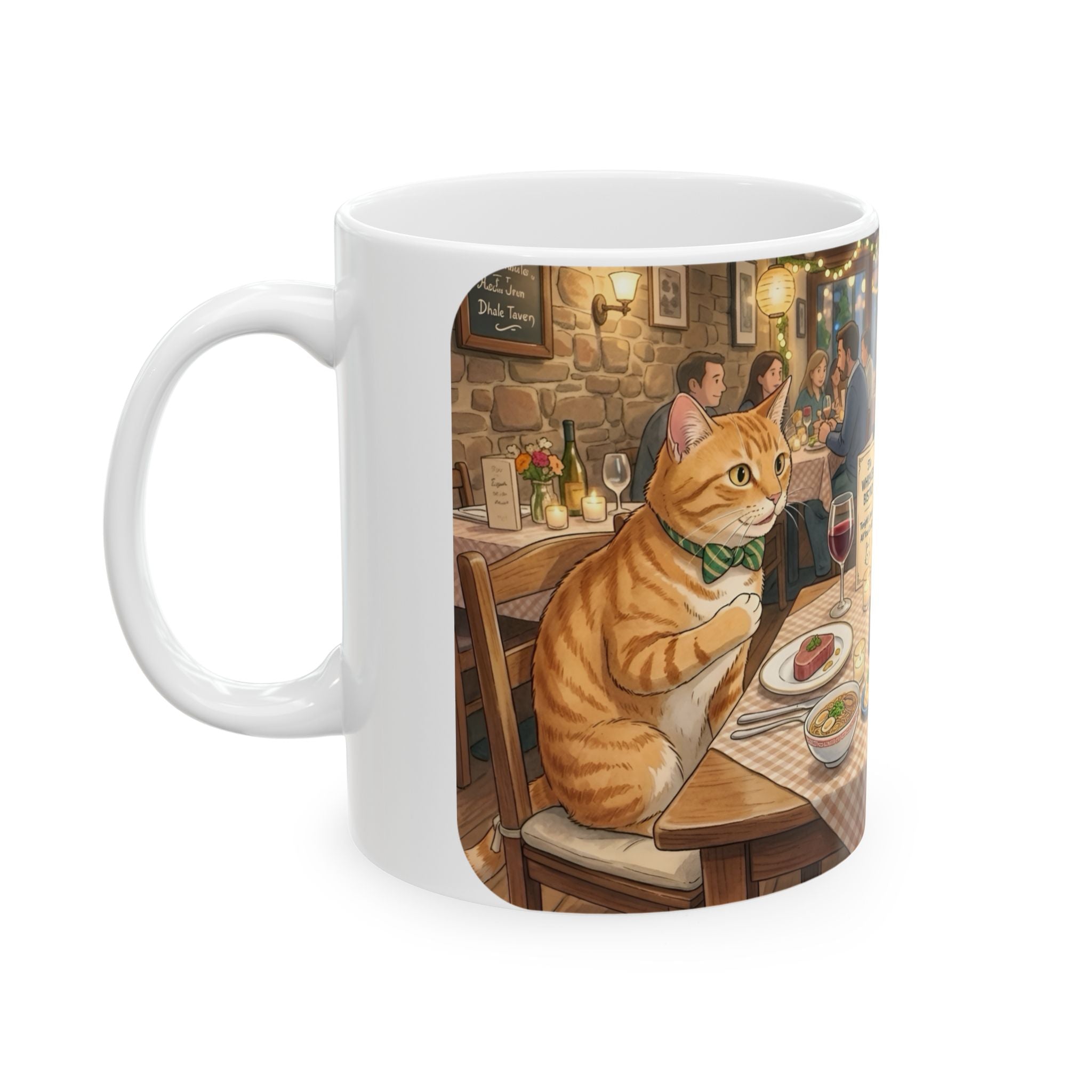 Cat Ghibli Whisker Bistro White Ceramic Mug — Cozy Feline Tapas Cafe Cup (11oz/15oz)