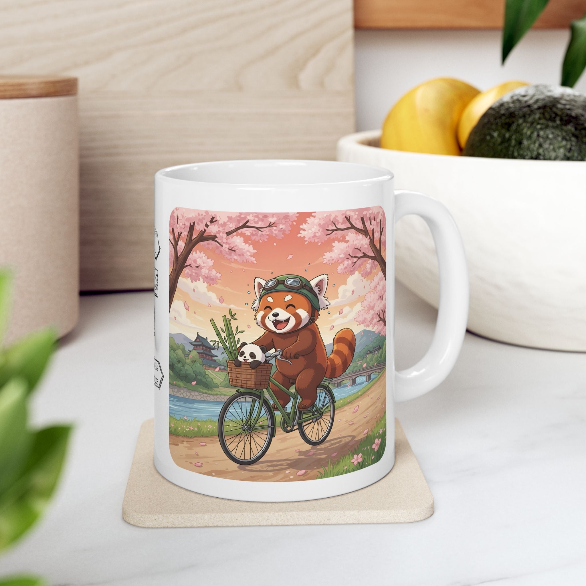 Cozy Red Panda & Baby Panda in Sakura Japan White Ceramic Mug — Happy Panda Family Bicycle Cup, 11oz & 15oz