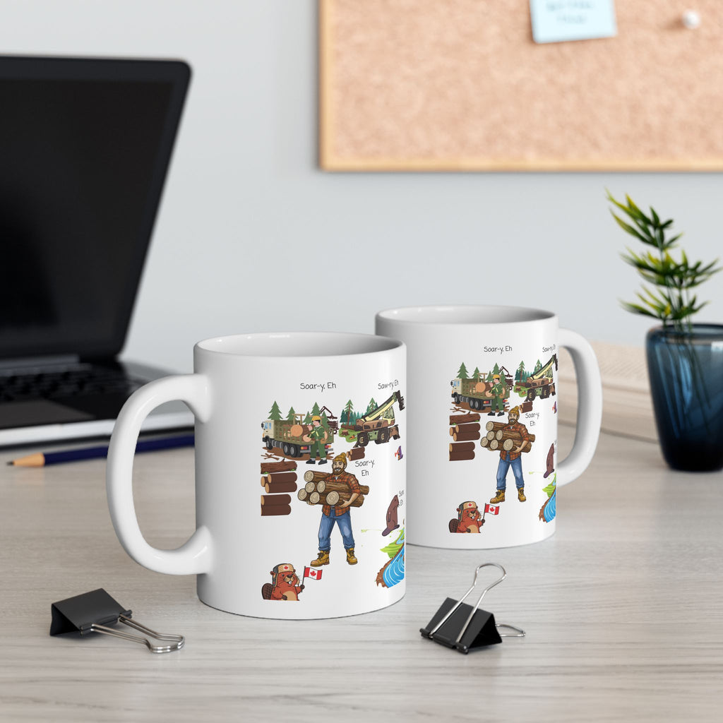 Cute Woodland Beavers With Canadian Lumberjacks On A White Ceramic Mug (11oz, 15oz), We Love Canada Loggers Cup