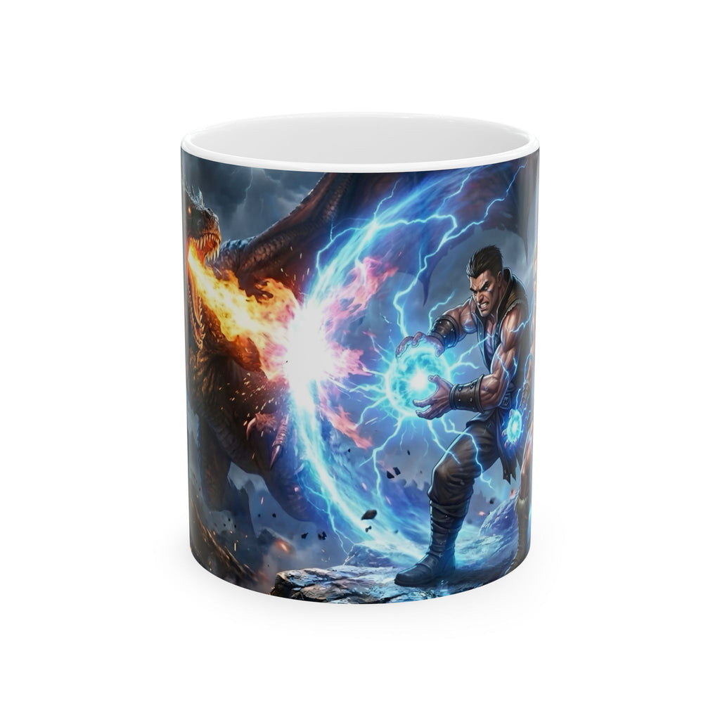 Dragon Battle #4 White Ceramic Mug — Epic Fantasy Gaming Adventure Scene (11oz, 15oz)
