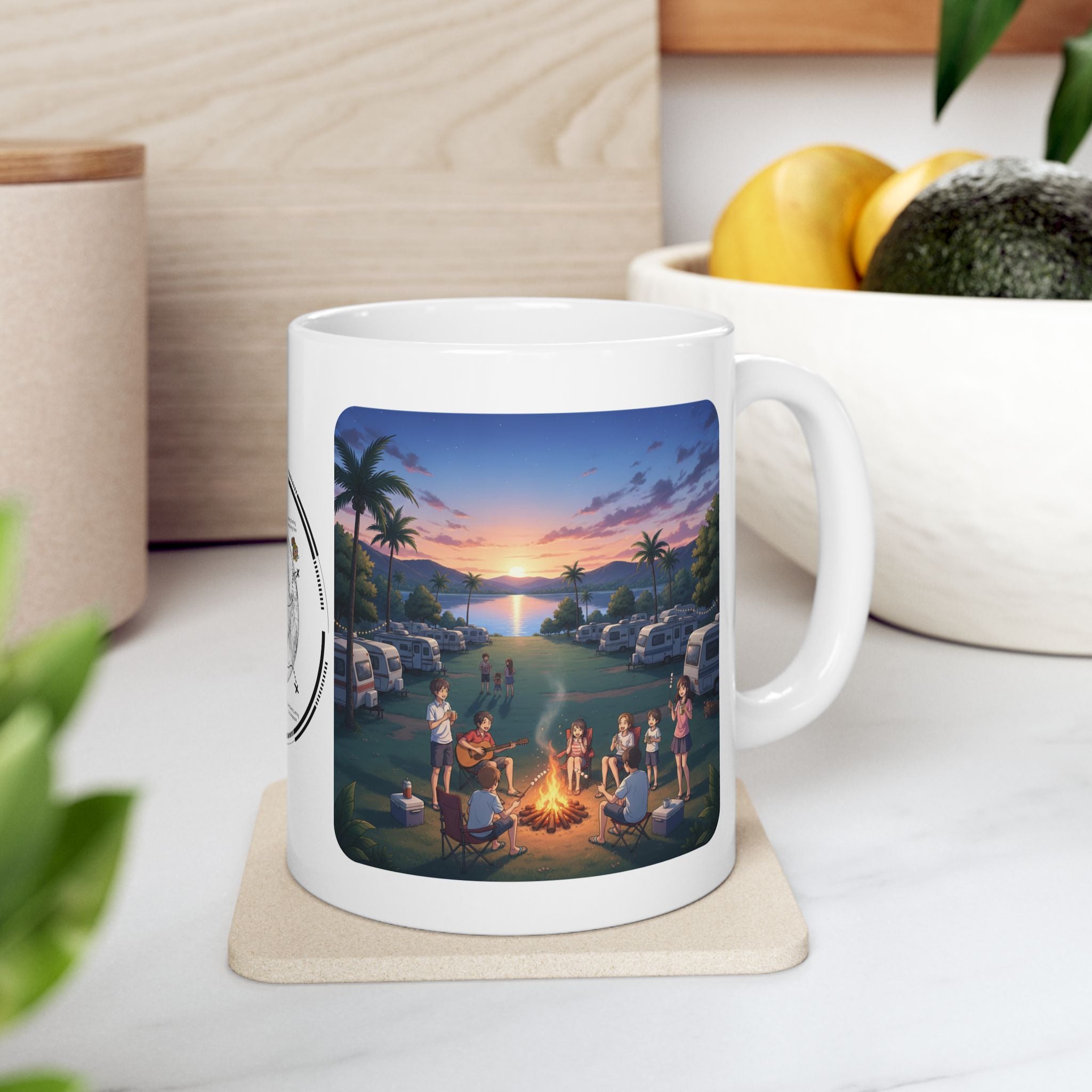 Cozy Sunset Lake Travel Adventure White Ceramic Mug — Vintage Map Compass & Tropical RV Roadtrip Cup (11oz/15oz)