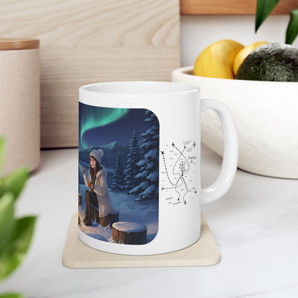 Cozy Aurora Borealis Friends Under The Northern Lights White Ceramic Mug — Starry Wintry Night Sky & World Map To Explore Cup (11oz, 15oz)