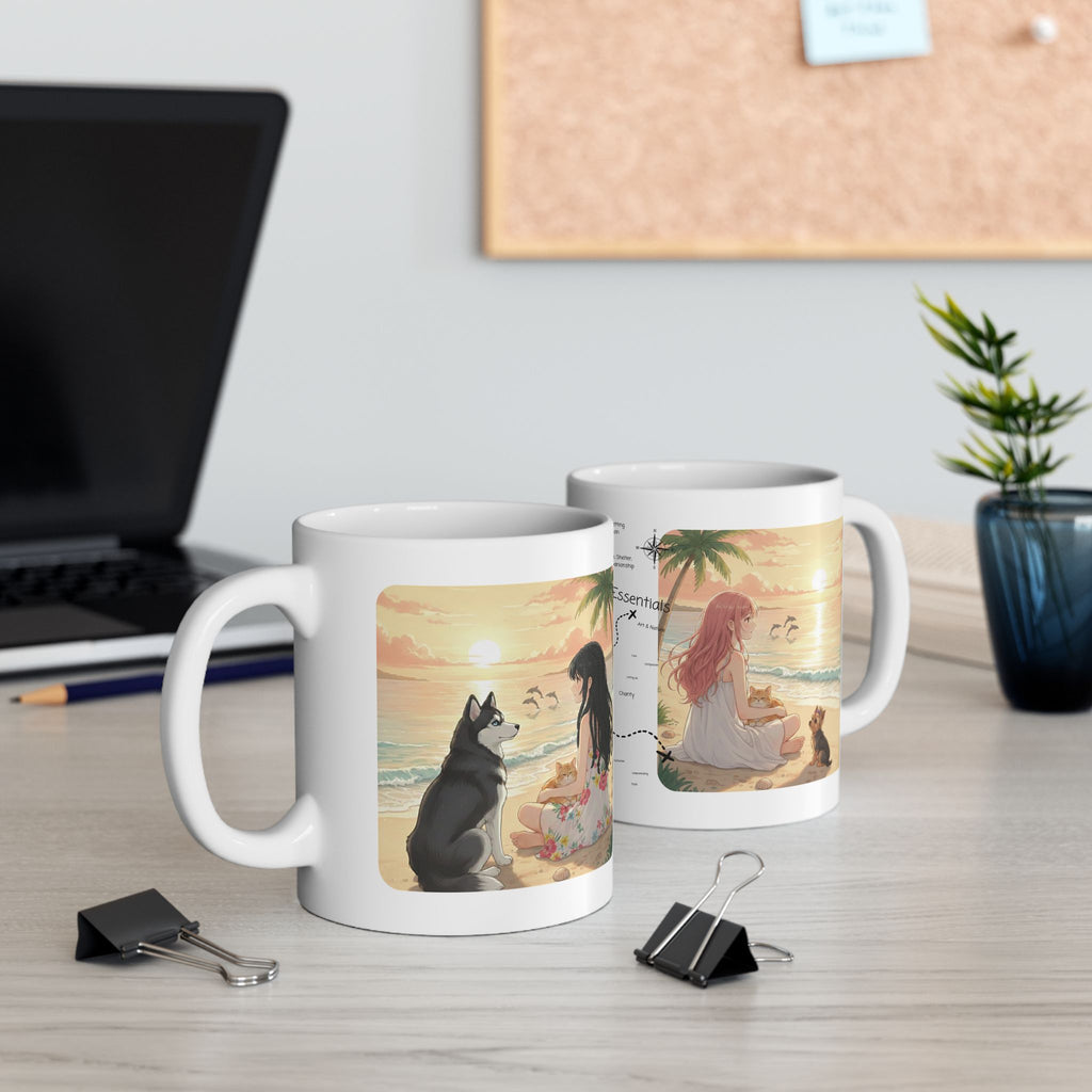 Cozy Peaceful Moments with Pets Sunset Beach White Ceramic Mug — Husky, Yorkie & Orange Cat Tropical Seascape Cup (11oz, 15oz)