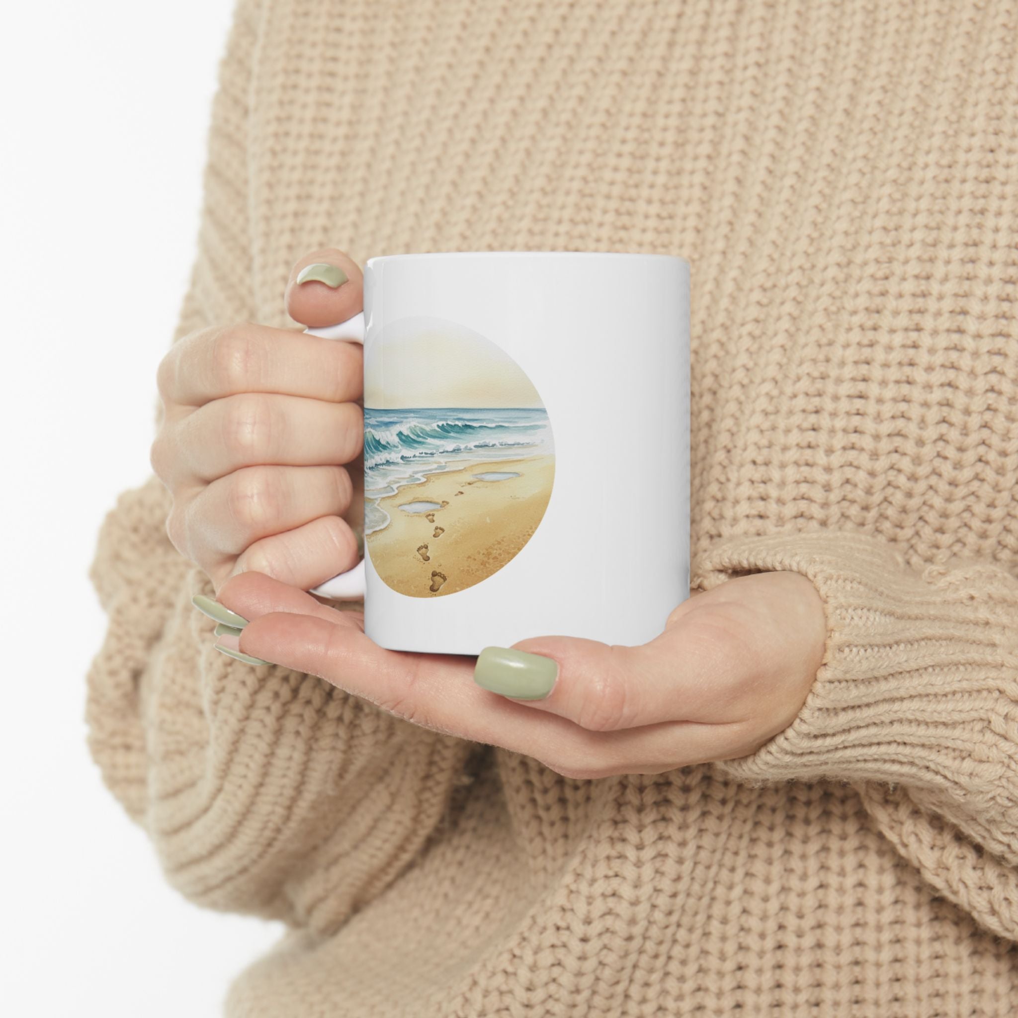 Sea Shore With Footprints In The Sand White Ceramic Mug — Beach Waves Getaway To Tranquility (11oz & 15oz)