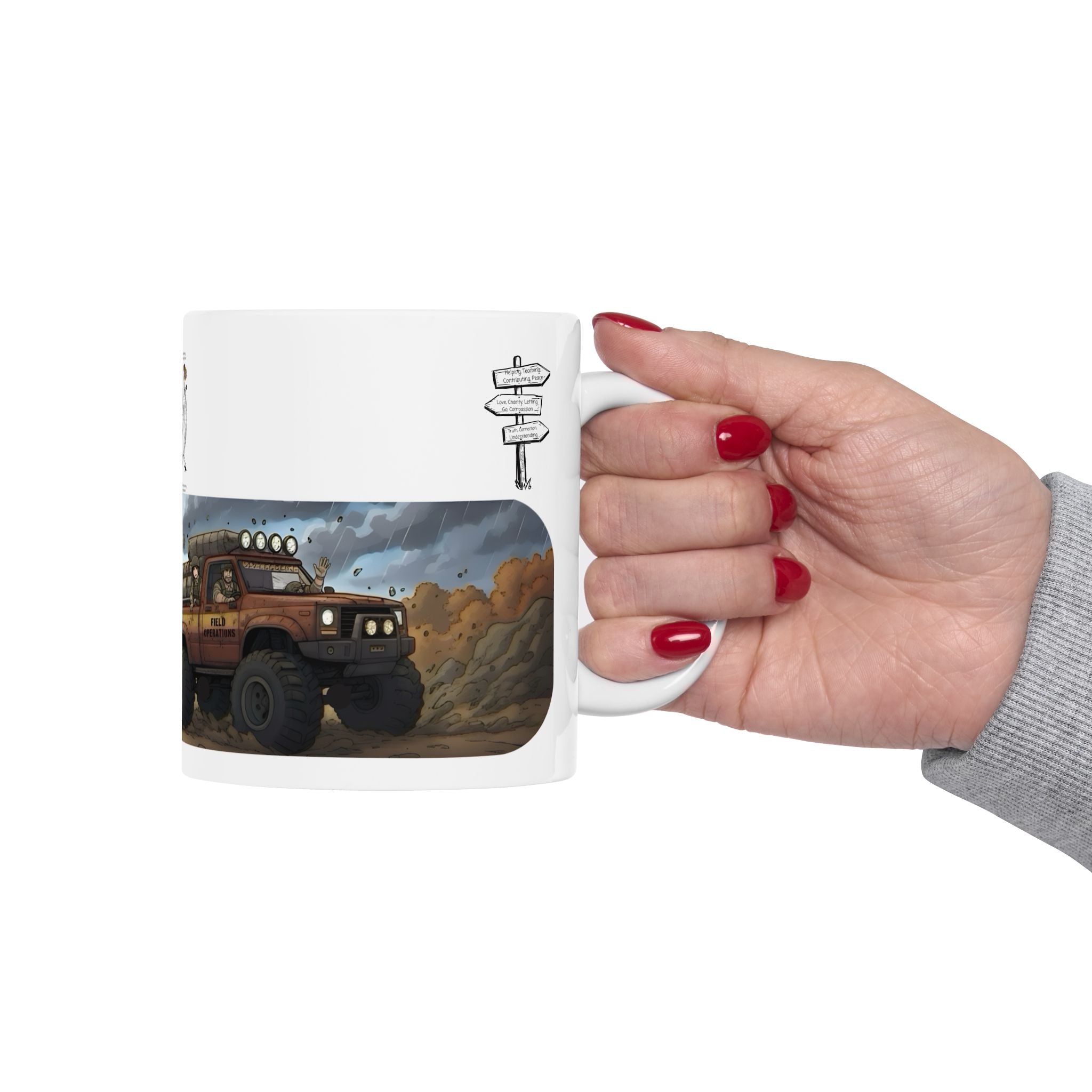 Adventure Trucks #3, Army Field Operation White Ceramic Mug — Find Your Path To The Essentials Cup (11oz & 15oz)