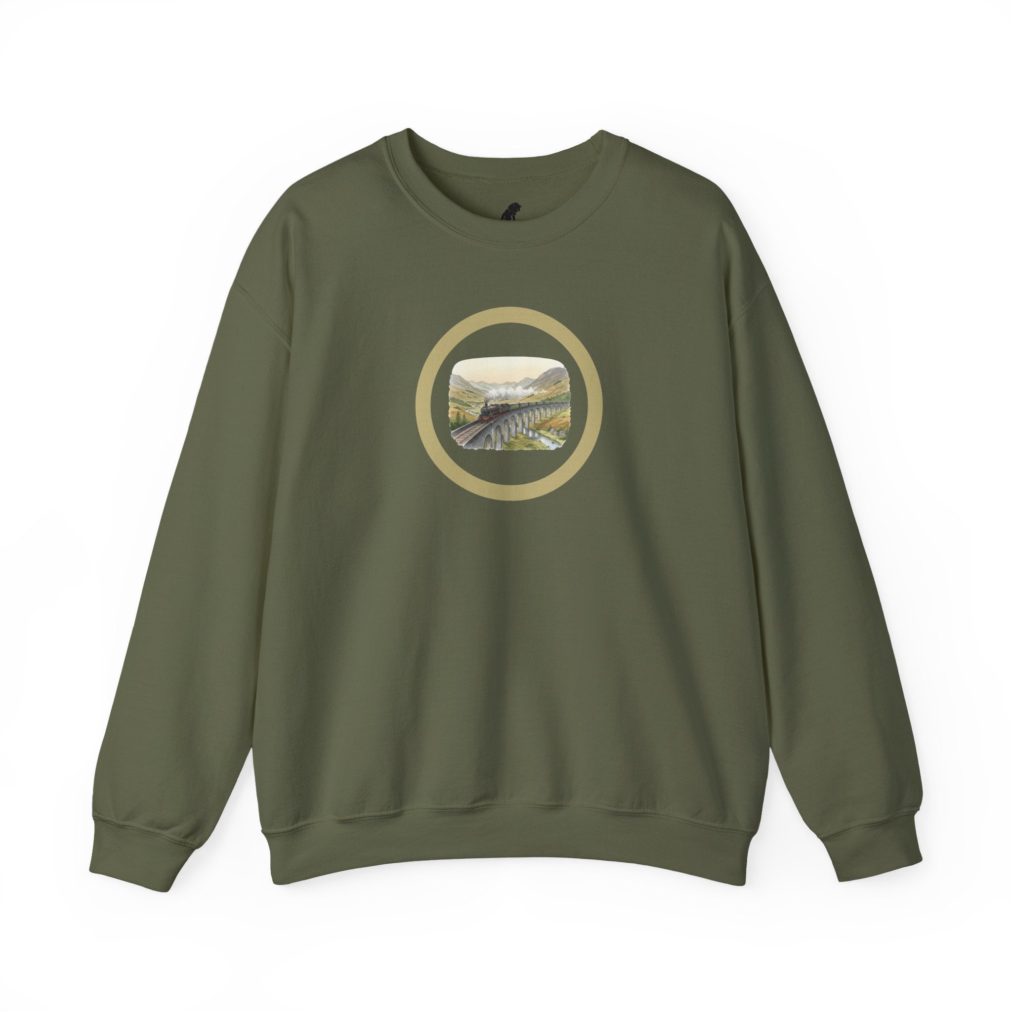 Crewneck Circle Locomotive Sweatshirt — Vintage River Landscape Train
