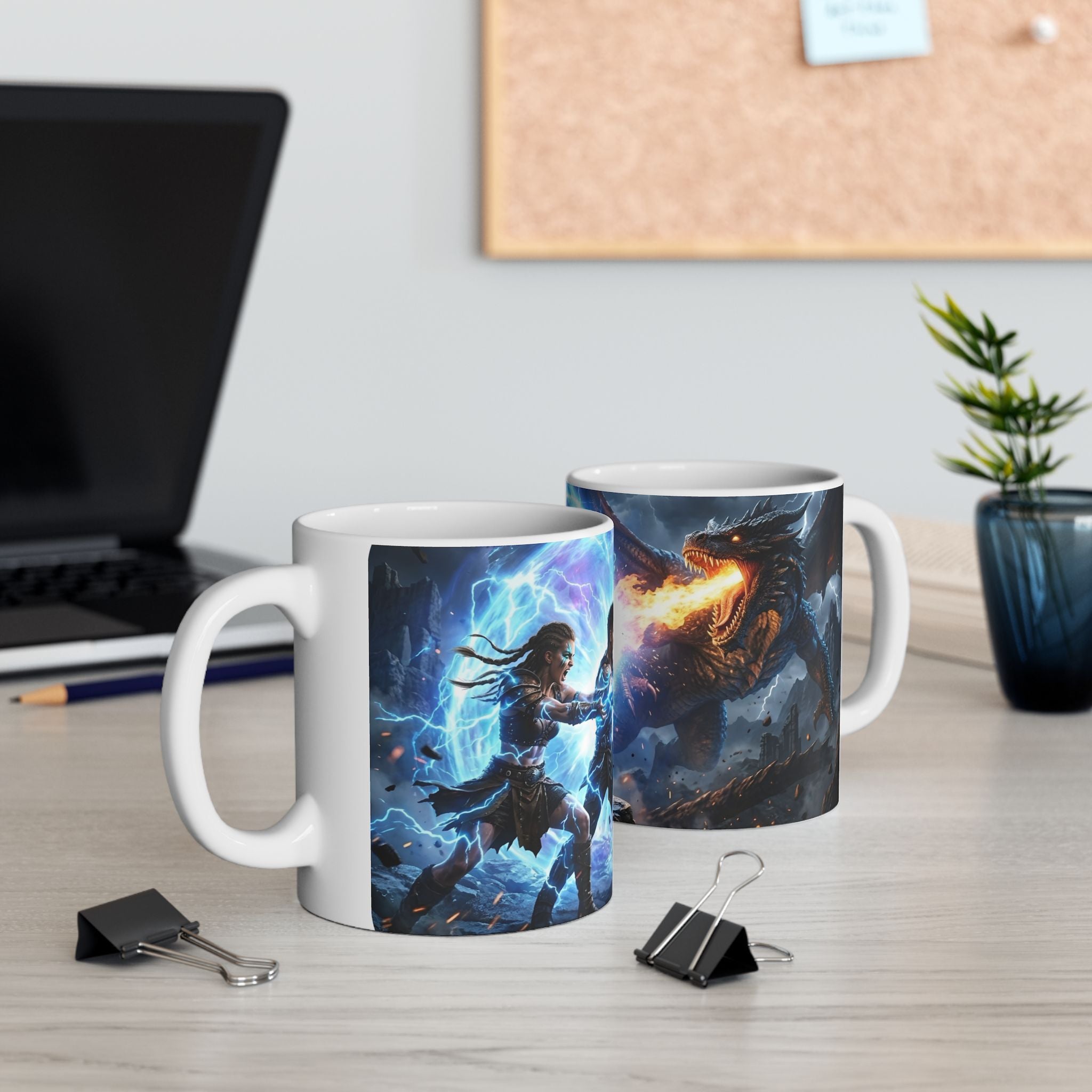 Dragon Battle #2 White Ceramic Mug — Epic Fantasy Gaming Adventure Scene (11oz, 15oz)