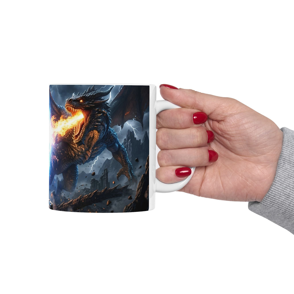 Dragon Battle #2 White Ceramic Mug — Epic Fantasy Gaming Adventure Scene (11oz, 15oz)