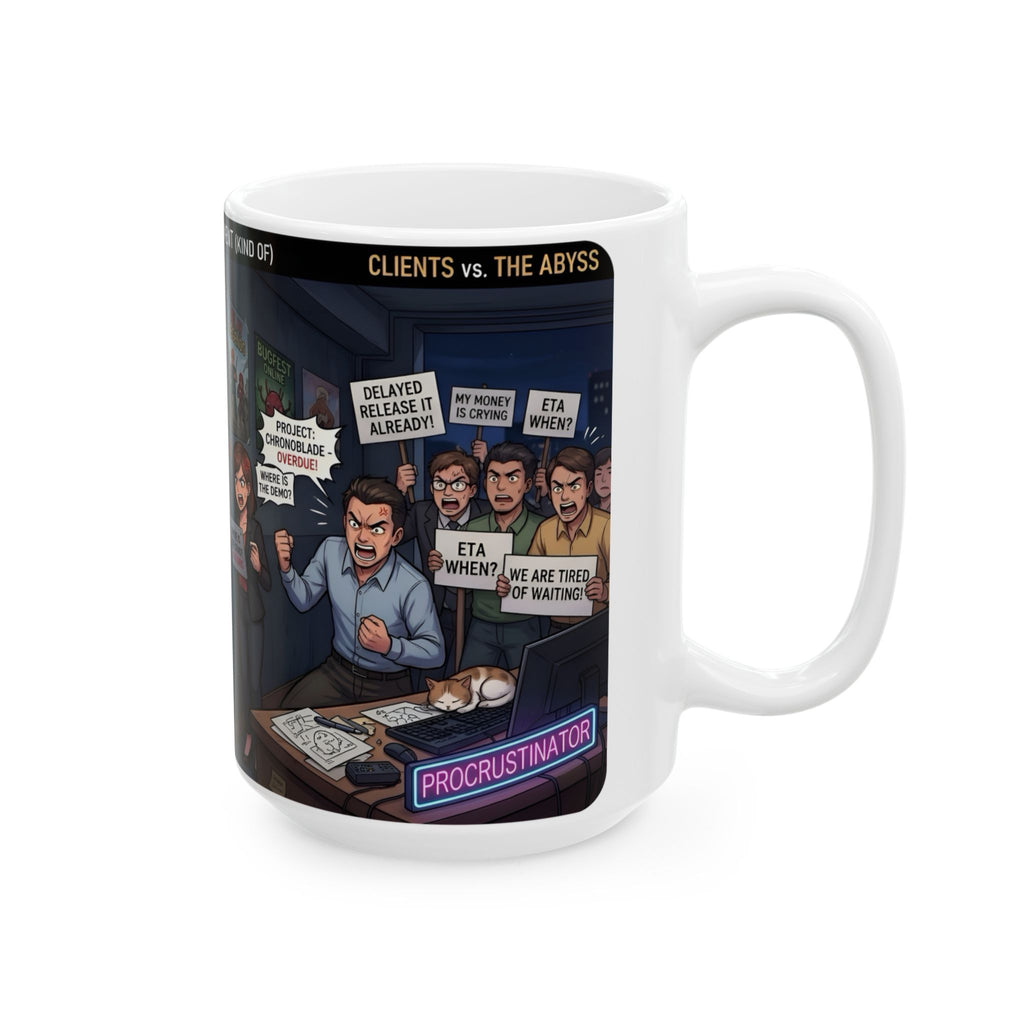Indie Game Developer Life White Ceramic Mug — Funny Gaming Studio Office Cup, 11oz & 15oz