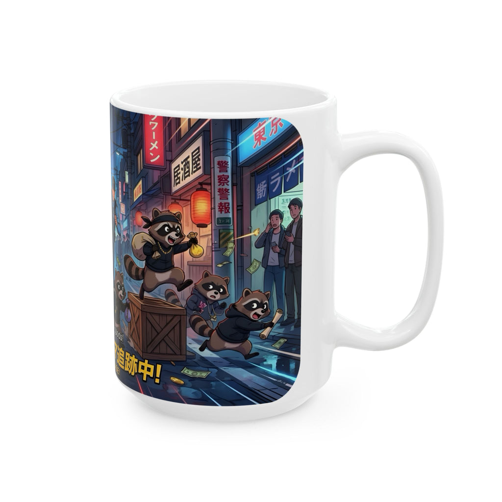 "Raccoon Chase" Anime City Police White Ceramic Mug (11oz/15oz), Urban Ringtails Cup