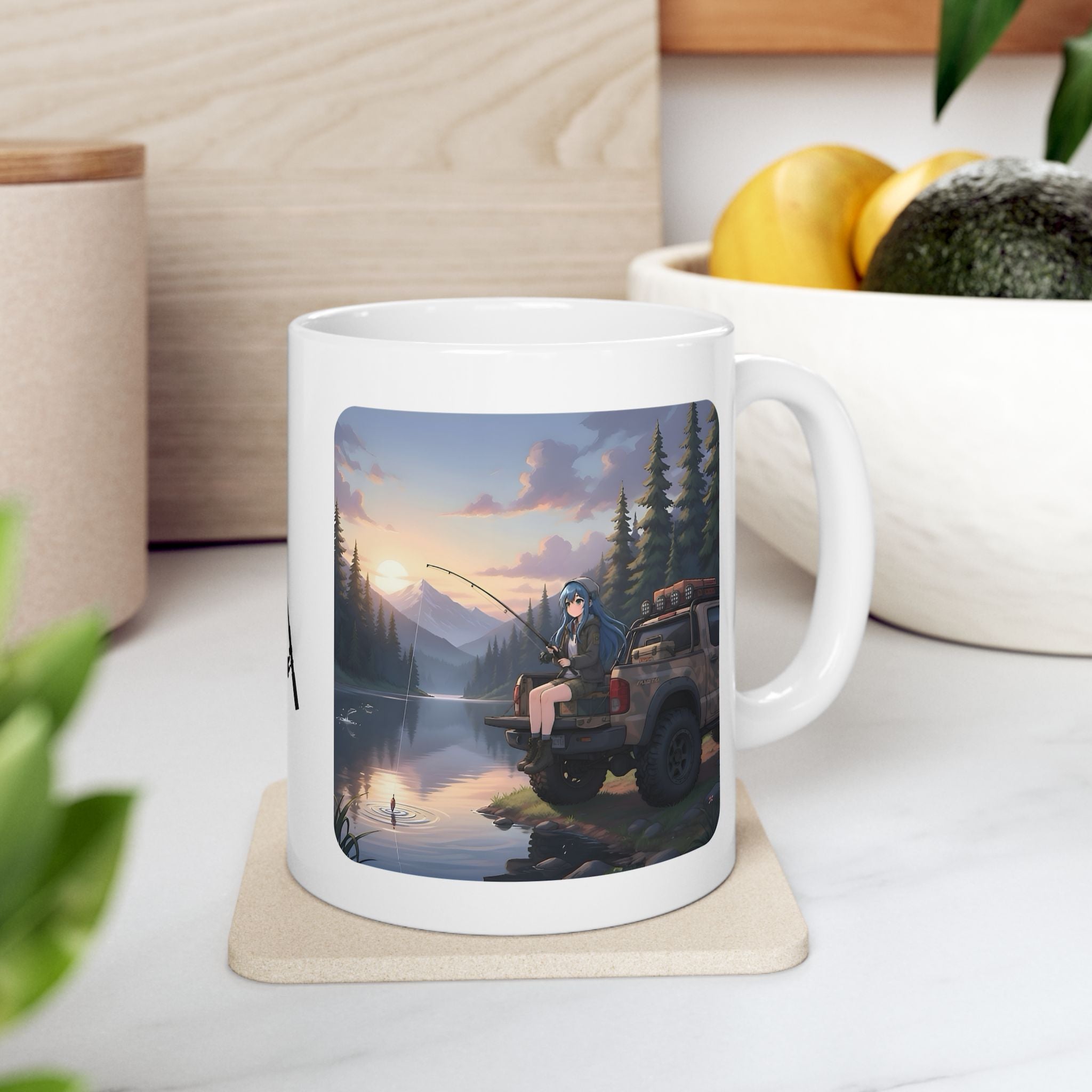 Cozy Anime Girl Tailgate Fishing Adventure White Ceramic Mug — Vintage Truck, Lake Sunrise Tea Cup (11oz/15oz)
