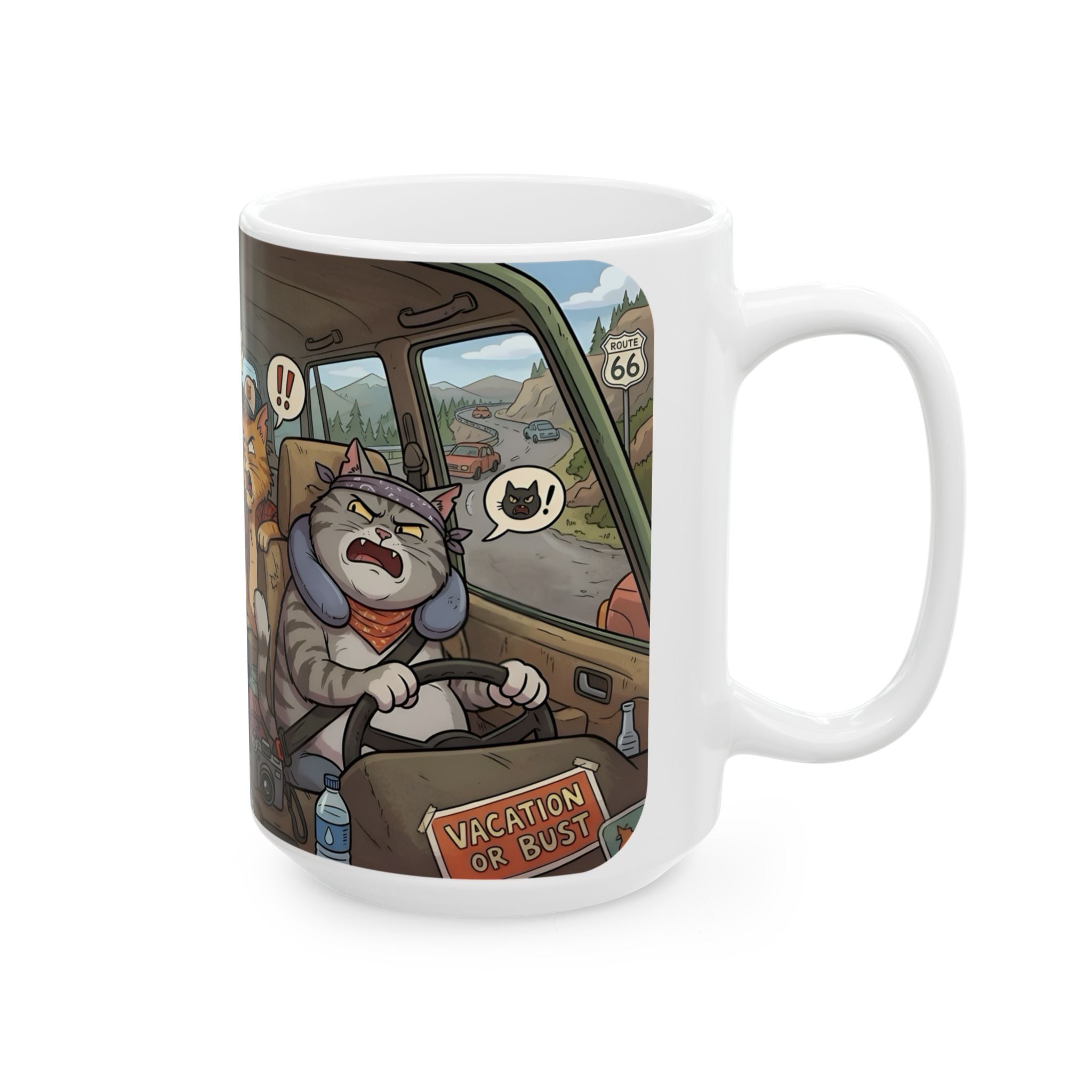 Angry Cats On A Road Trip White Ceramic Mug — Funny Kitty Crew Travel Cup (11oz, 15oz)