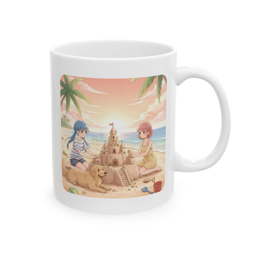 Sisters and BFF Summer Beach Sandcastle White Ceramic Mug — Tropical Manga Ocean Sunset and Golden Retriever Cup (11oz/15oz)