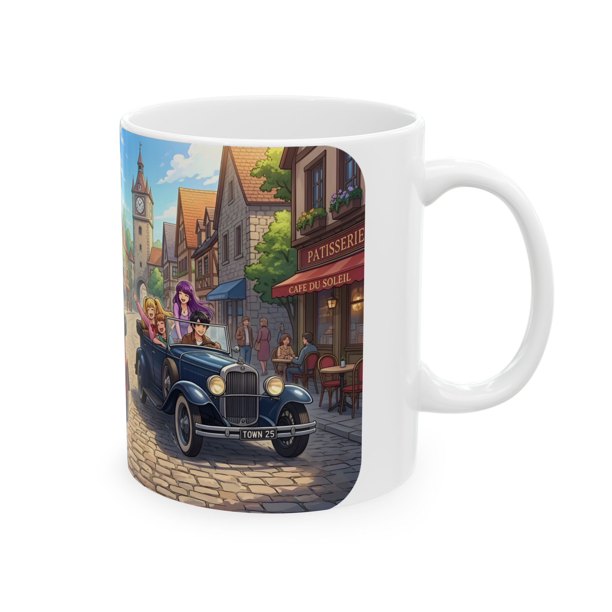 Vintage Village Roadtrip #2 White Ceramic Mug — Classic Cars & Happy Town Friends Cup (11oz, 15oz)