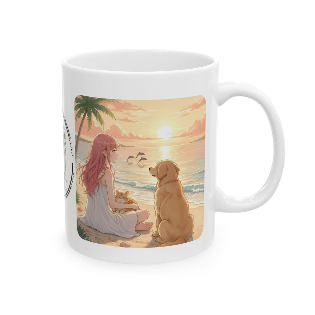 Golden Retriever Dog Tropical Sunset & Sunflower White Ceramic Mug — Orange Cat Boho Beach Vibes Tea Cup (11oz, 15oz)