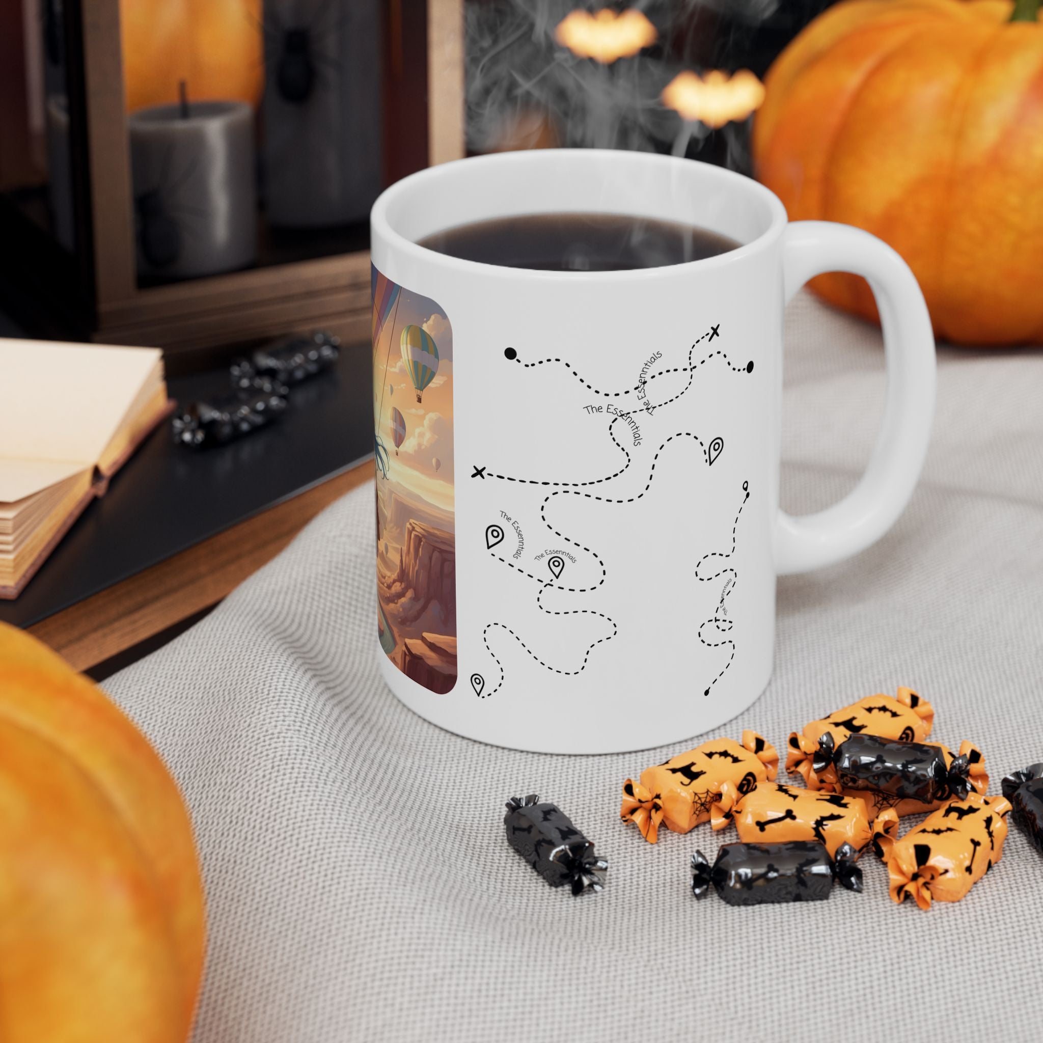 Joyful Friendship Landscape, Colorful Balloon Adventure White Ceramic Mug — True Wealth, Adventure, & Creativity Cup (11oz/15oz)