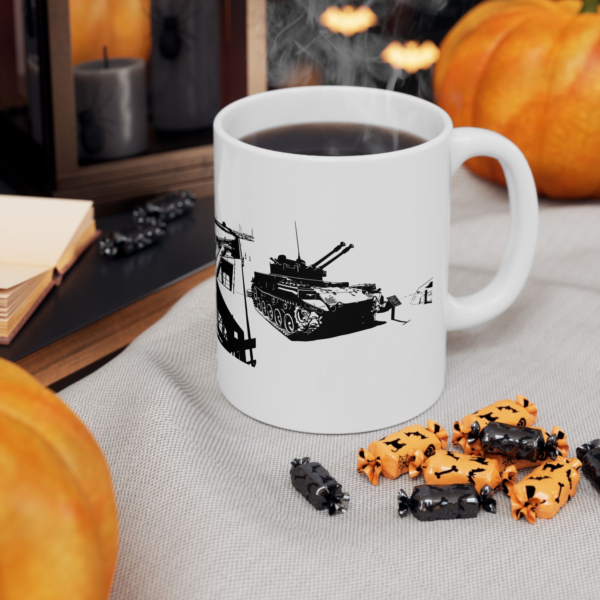 Harbor Panorama White Ceramic Mug — Black & White Maritime Port Cup (11oz, 15oz)