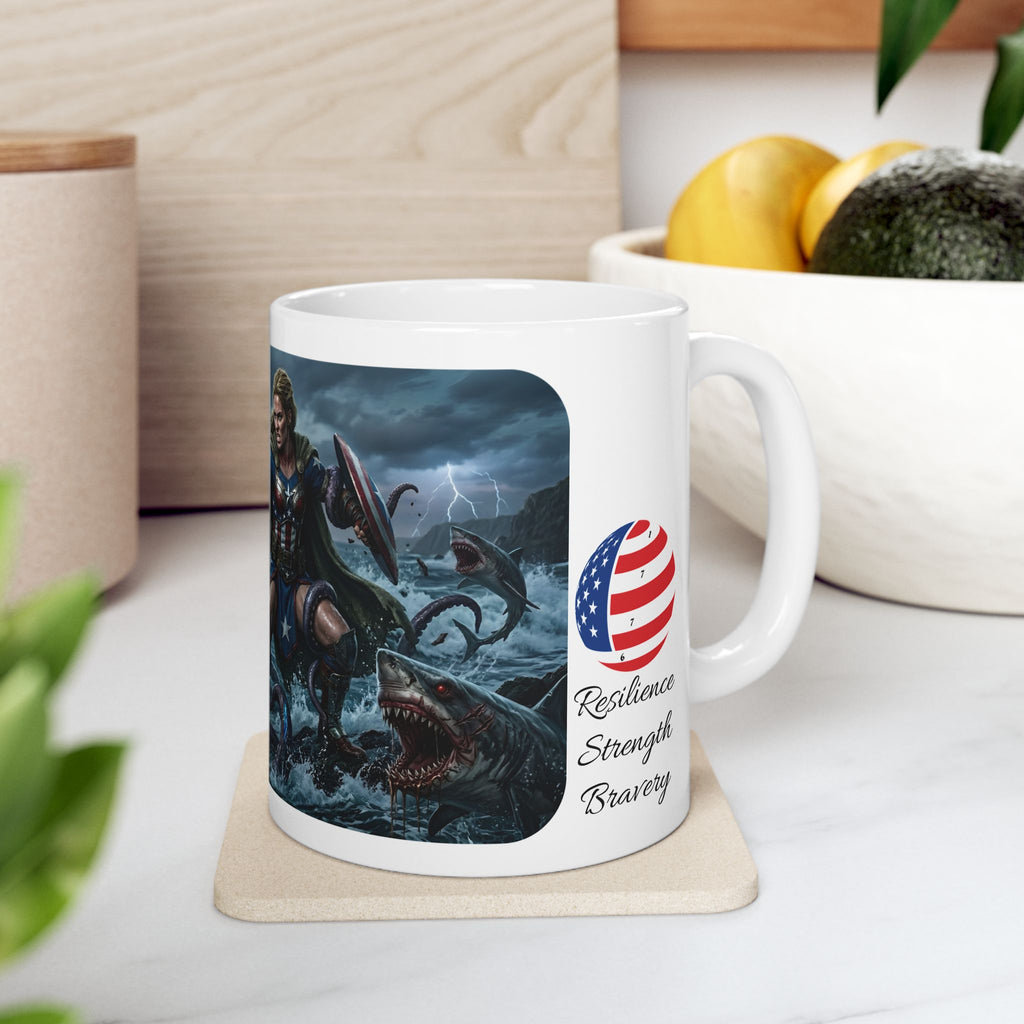 Lady Liberty Unbound #2 White Ceramic Mug — USA Standing Strong Against Darkness Cup