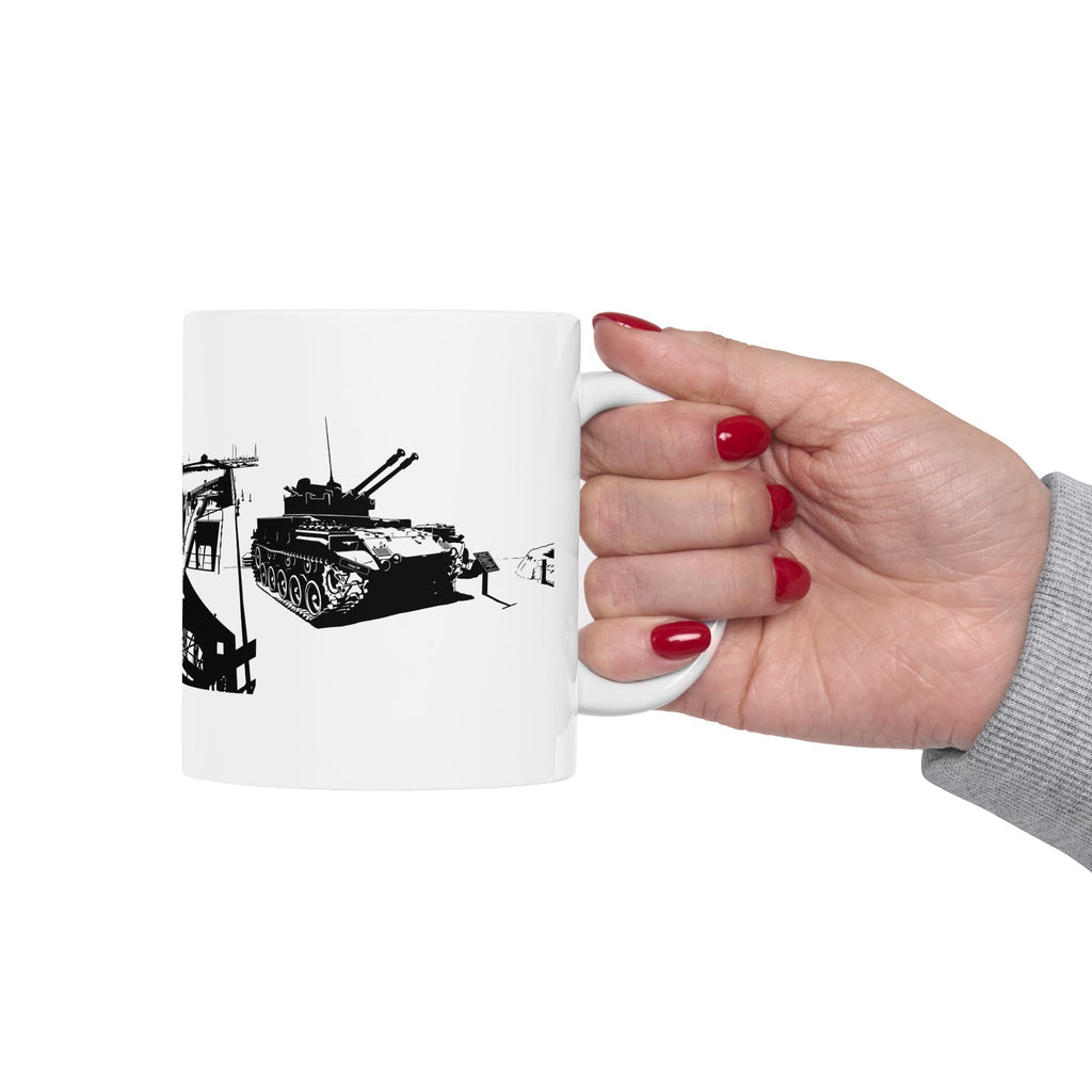 Harbor Panorama White Ceramic Mug — Black & White Maritime Port Cup (11oz, 15oz)