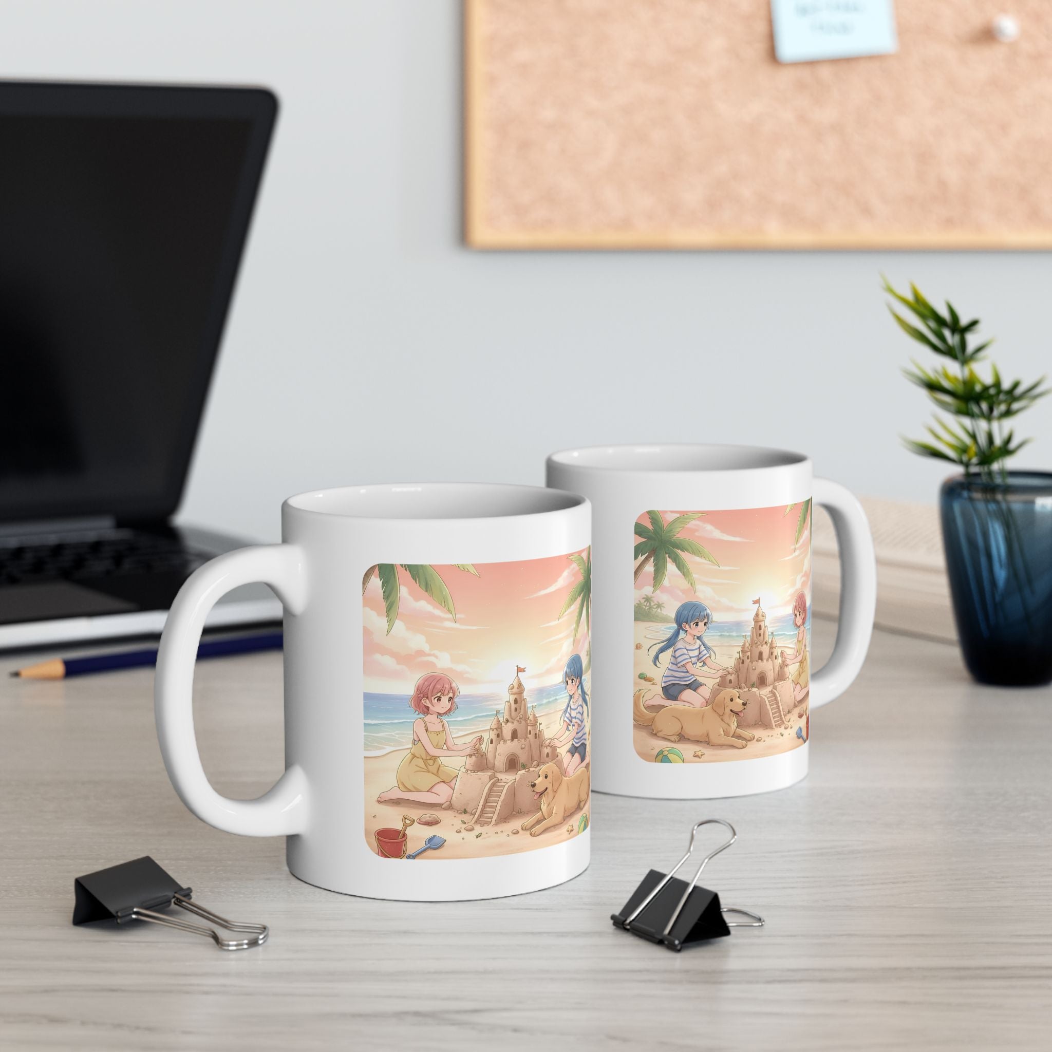 Sisters and BFF Summer Beach Sandcastle White Ceramic Mug — Tropical Manga Ocean Sunset and Golden Retriever Cup (11oz/15oz)