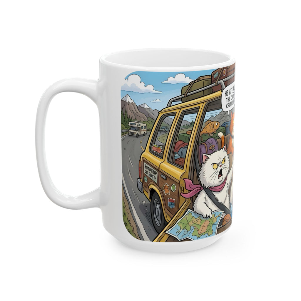 Funny Cat Road Trip White Ceramic Mug — Catnip Kitties Arguing Over Snacks Cup (11oz/15oz)