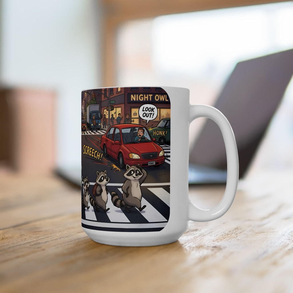 Raccoon Crosswalk White Ceramic Mug (11oz/15oz) – Cute Urban Wildlife Tea Cup