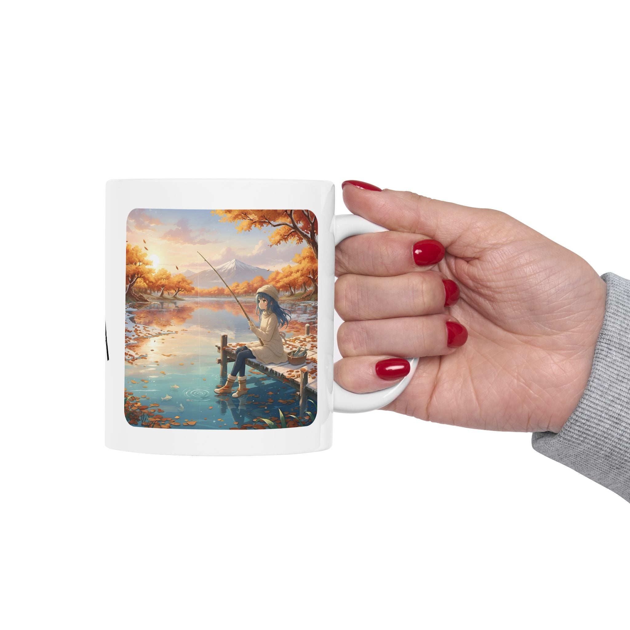 Cozy Anime Girl Joyful Fishing Lake Adventure White Ceramic Mug — Scenic Autumn Aesthetic Mountain Landscape Tea Cup (11oz/15oz)