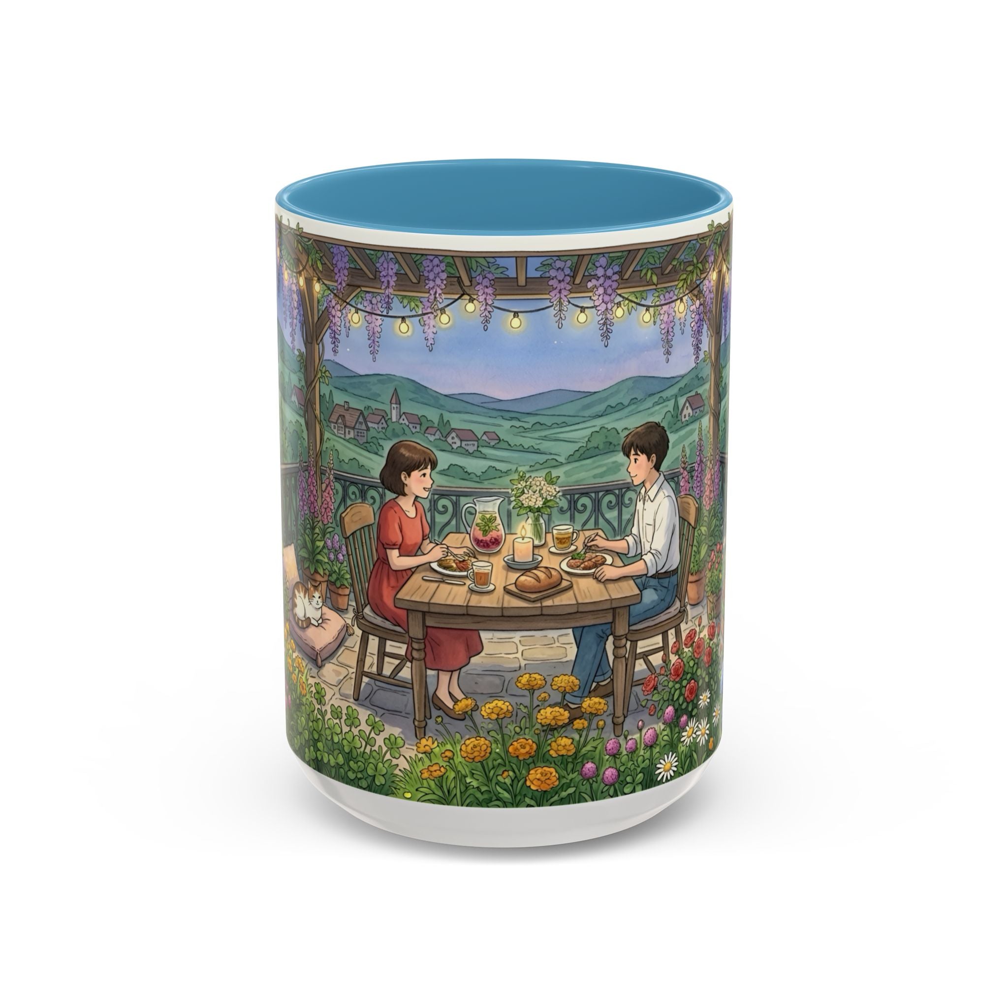 Cozy Romantic Garden Dinner Ceramic Mug — Couples Outdoor Bistro Cup (11 oz, 15 oz)