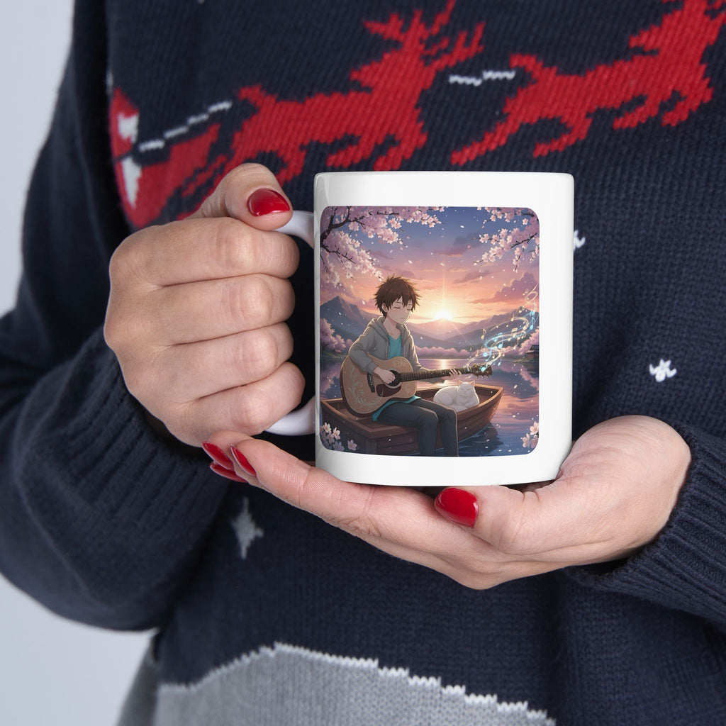 Guitarist & Cat Sunset Lake White Ceramic Mug — Tranquil Nature Music Scene (11oz, 15oz)