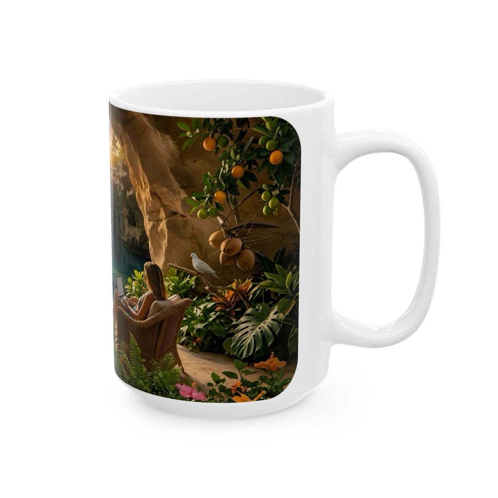 Tropical Cave Paradise White Ceramic Mug,  Relaxing Escape Cup (11 oz, 15 oz)