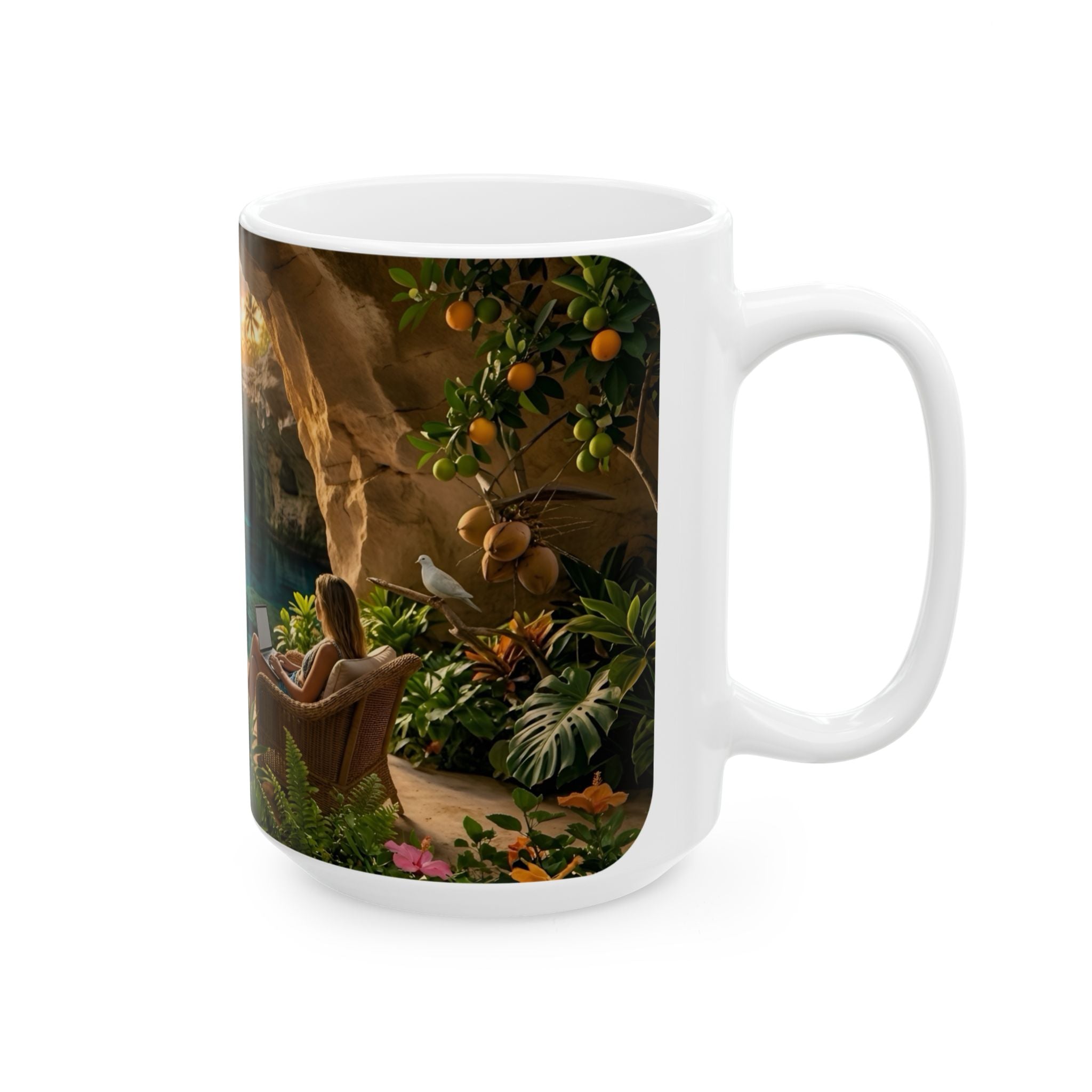 Tropical Cave Paradise White Ceramic Mug,  Relaxing Escape Cup (11 oz, 15 oz)