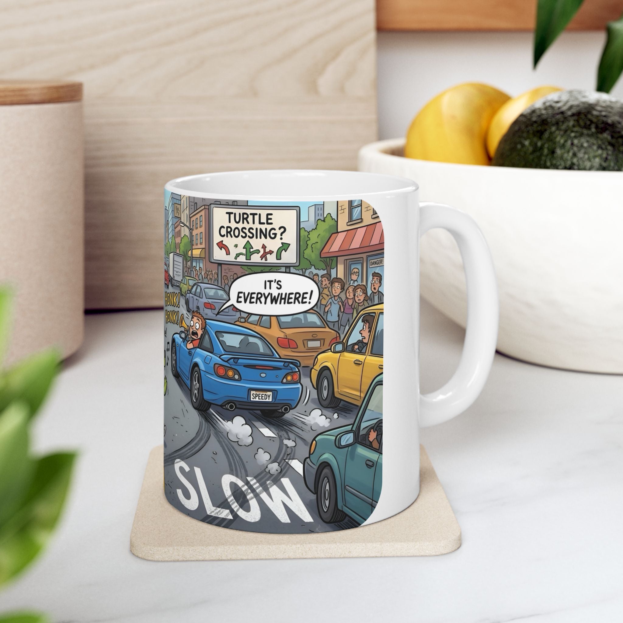 Cute Turtle Crossing White Ceramic Mug, Cruising Vibes Cup (11oz, 15oz)