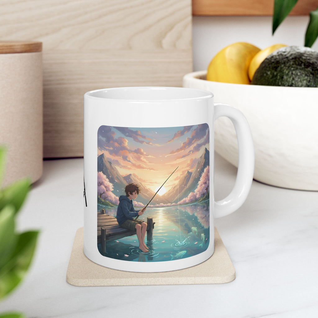 Boy Fishing at Sunset on Lakefront Pier White Ceramic Mug, Mountain View Cherry Blossom Serenity Cup (11oz, 15oz)