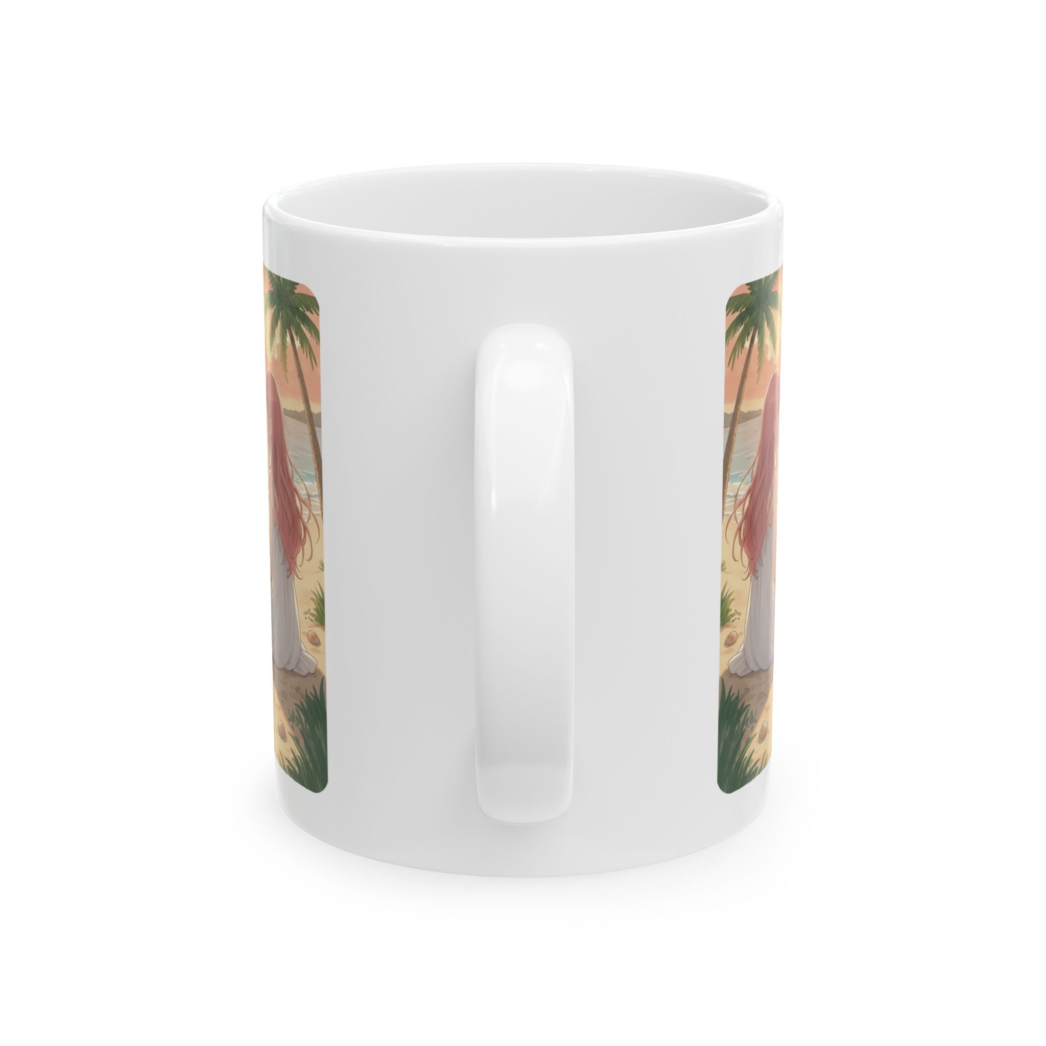 Dreamy Whippet Greyhound Dog & Orange Cat Tropical Seascape White Ceramic Mug, Cozy Owner and Pet Mom on Beach Cup (11oz, 15oz)